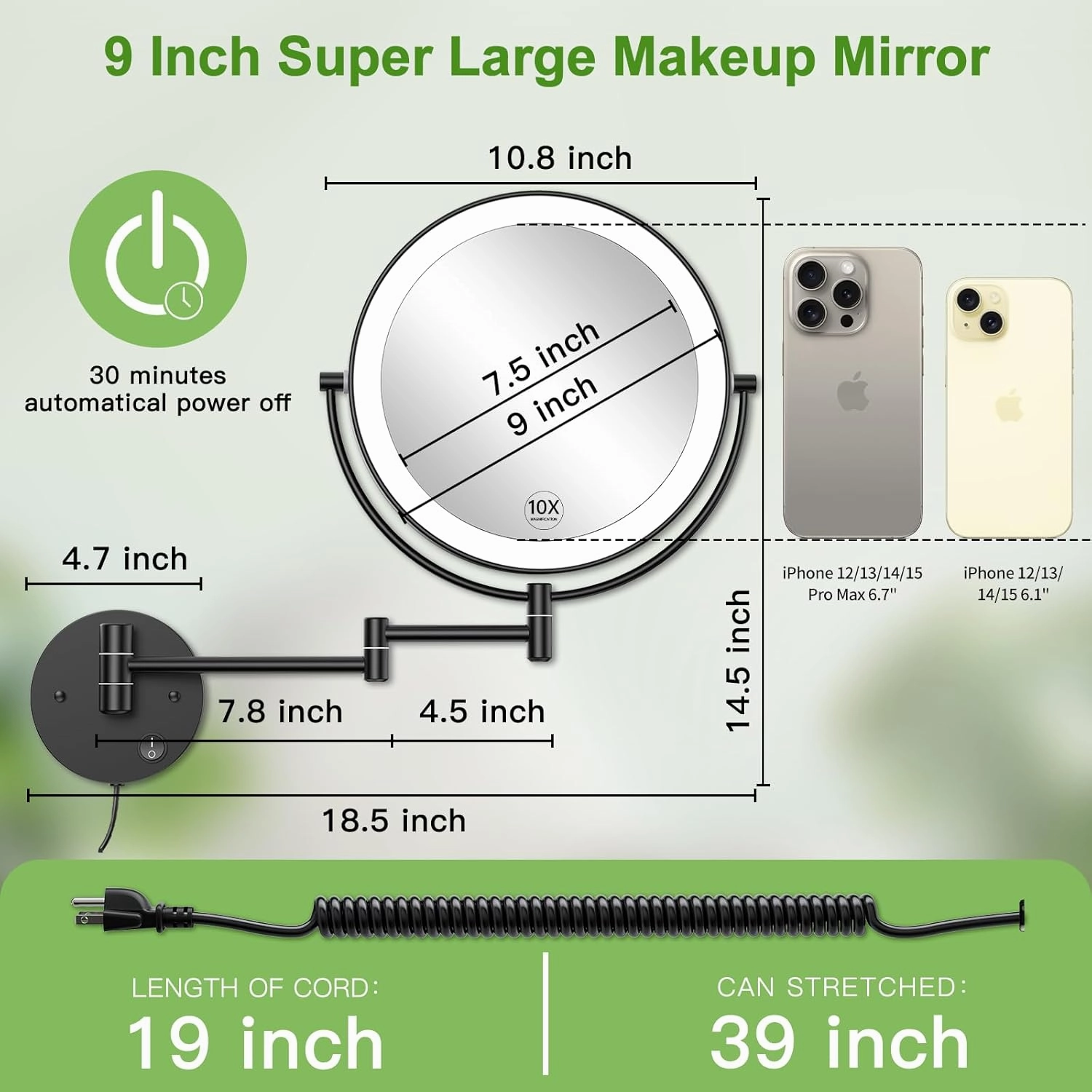 Anfauny 9 Inch Wall Mounted Lighted Makeup Mirror, Double Sided 1X/10X Magnifying LED Vanity with 3 Color Lights and Stepless Dimming, 360°Swivel Extendable Cosmetic for Bathroom- Black