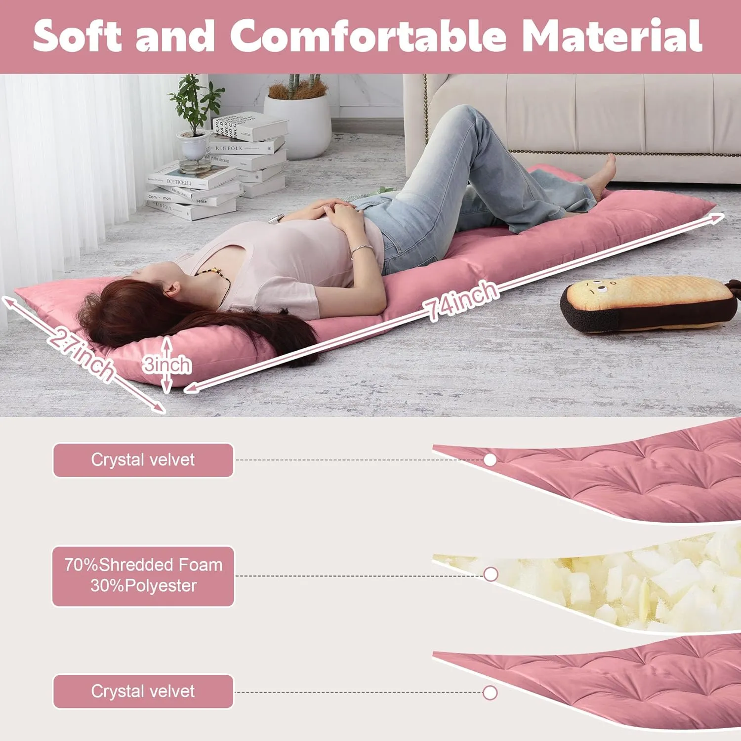 BALAPET Floor Lounger Pillow,Foldable Light Thick Tufted Floor Pillow Cushion with Elasticized Webbing for Easy Storage.Floor Lounger for Meditation,Playing,Yoga,Reading,Sleeping(Blush)