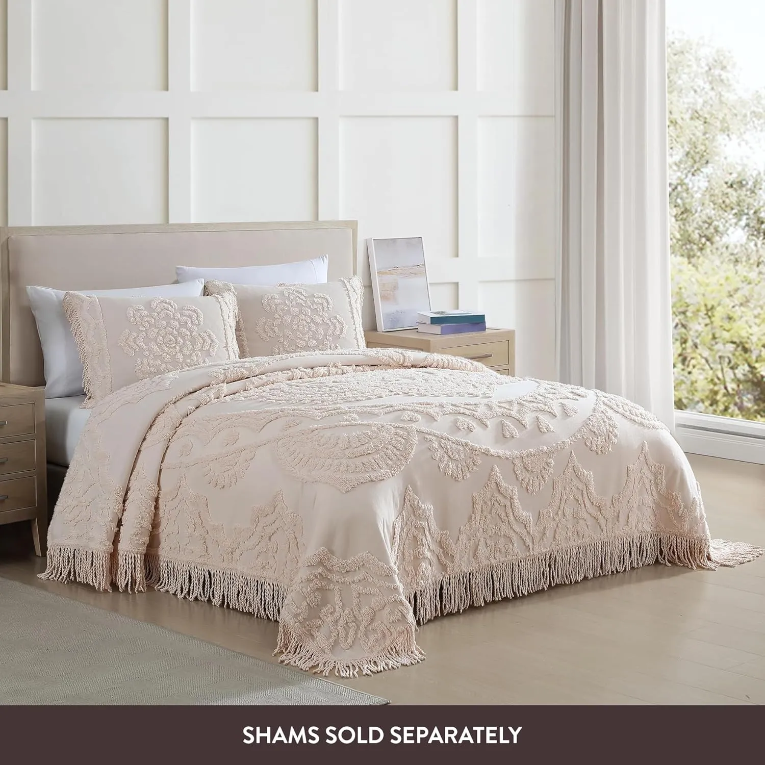 Beatrice Home Fashions Full, Blush, Lotus Medallion 100% Cotton Chenille Bedspread, Soft, Cozy, Lightweight, Fringe
