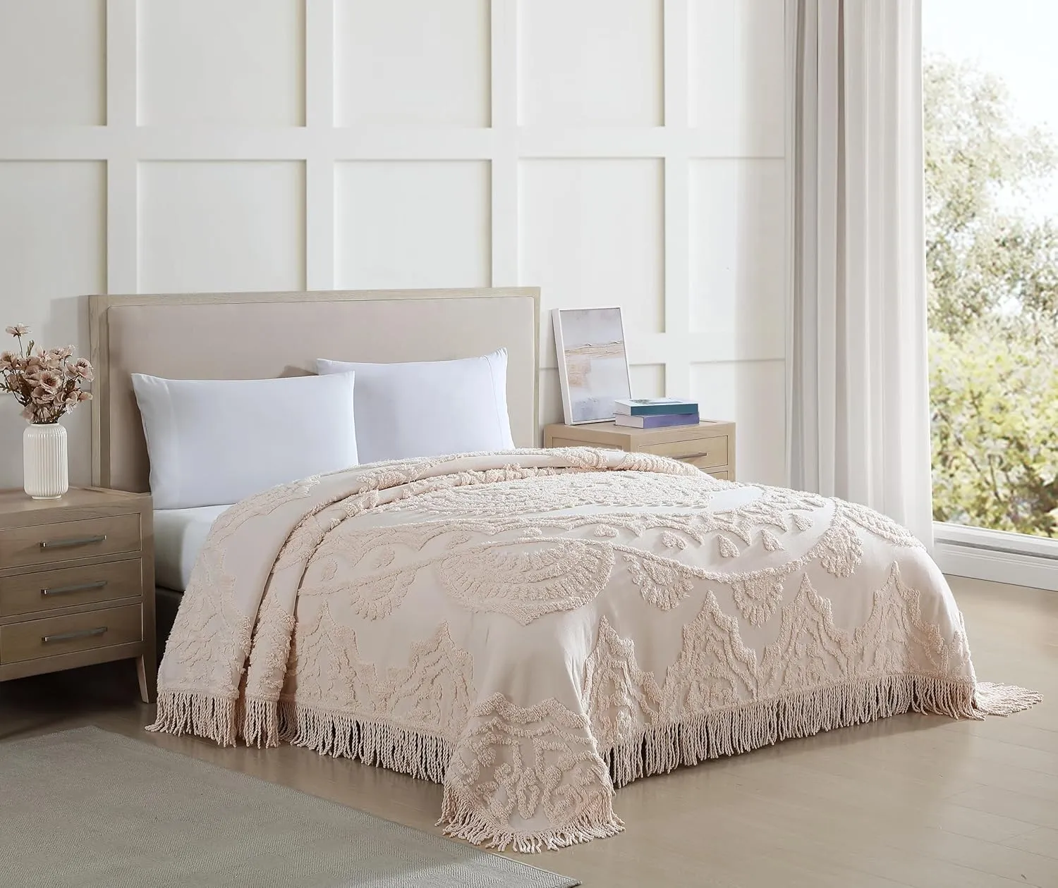 Beatrice Home Fashions Full, Blush, Lotus Medallion 100% Cotton Chenille Bedspread, Soft, Cozy, Lightweight, Fringe