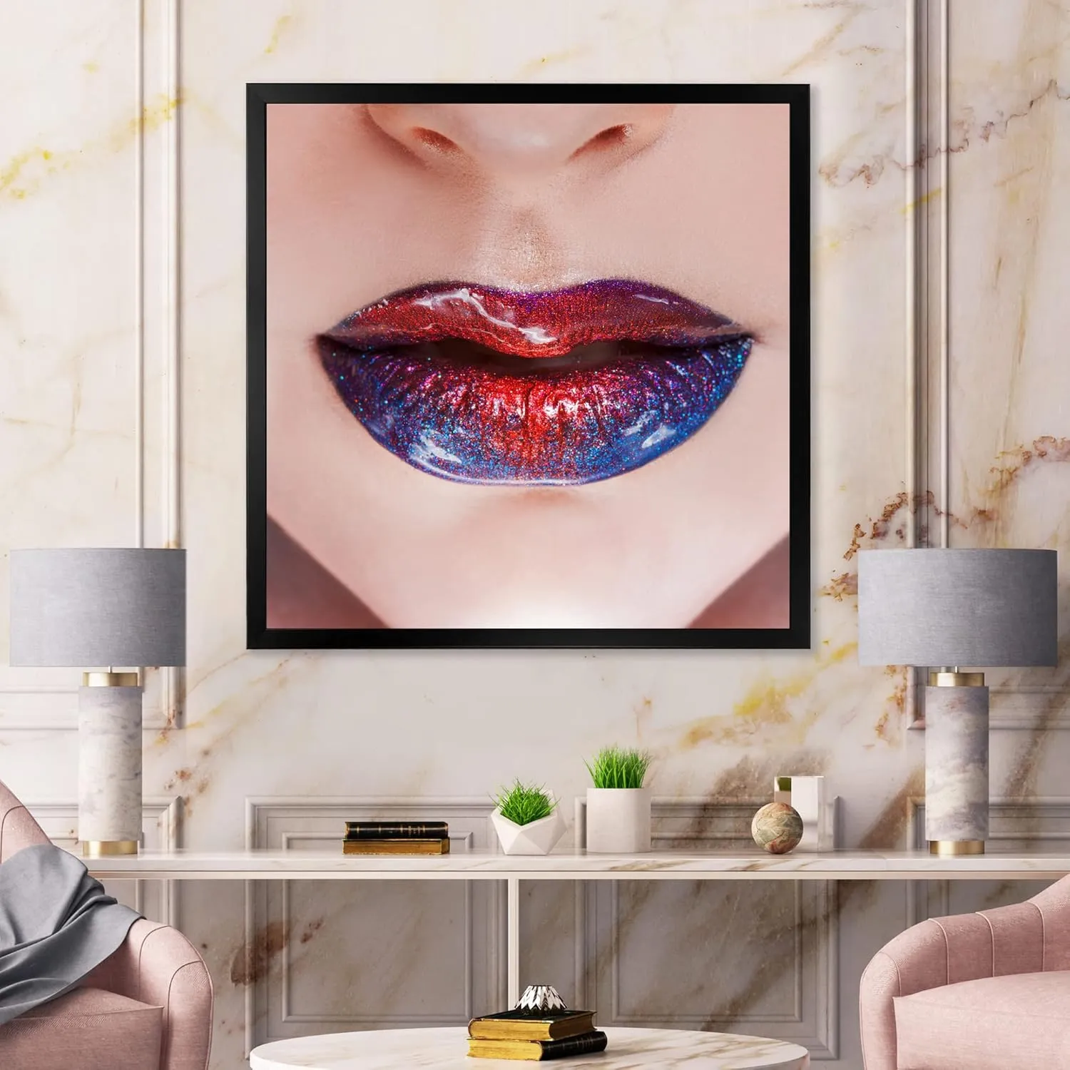 Beautiful Women Lips With Bright Lipstick Modern Framed Wall Art