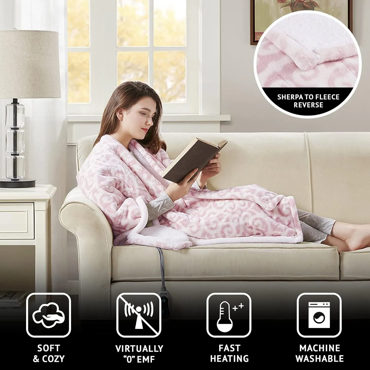 Beautyrest Ultra Soft Sherpa Berber Fleece Electric Poncho Wrap Blanket Heated Throw with Auto Shutoff, 50 in x 64 in, Blush Lattice