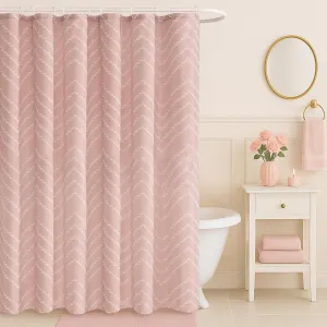 Blush Pink Boho Shower Curtain Cute Shower Curtain Modern Farmhouse Textured Chevron Striped Minimalist Bathroom Shower Curtains