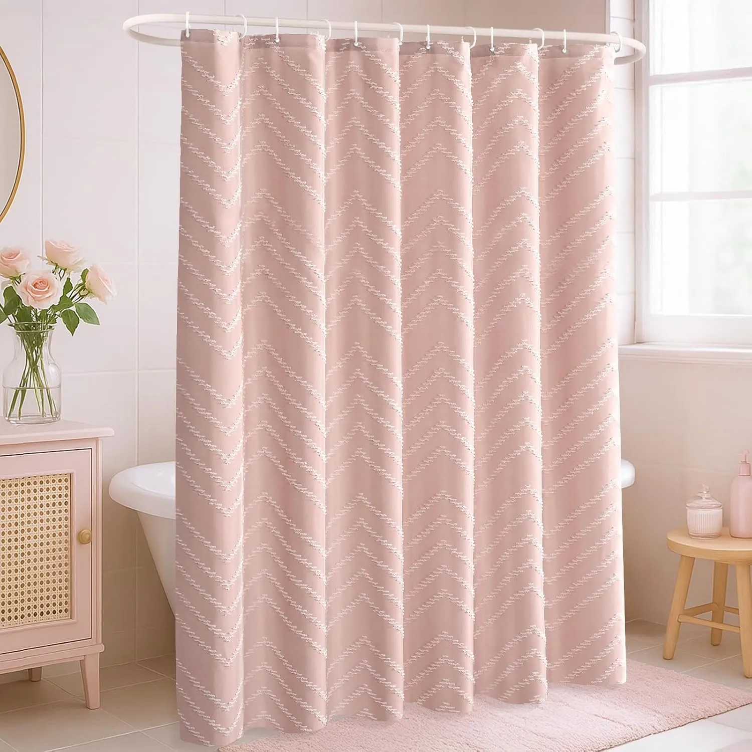 Blush Pink Boho Shower Curtain Cute Shower Curtain Modern Farmhouse Textured Chevron Striped Minimalist Bathroom Shower Curtains