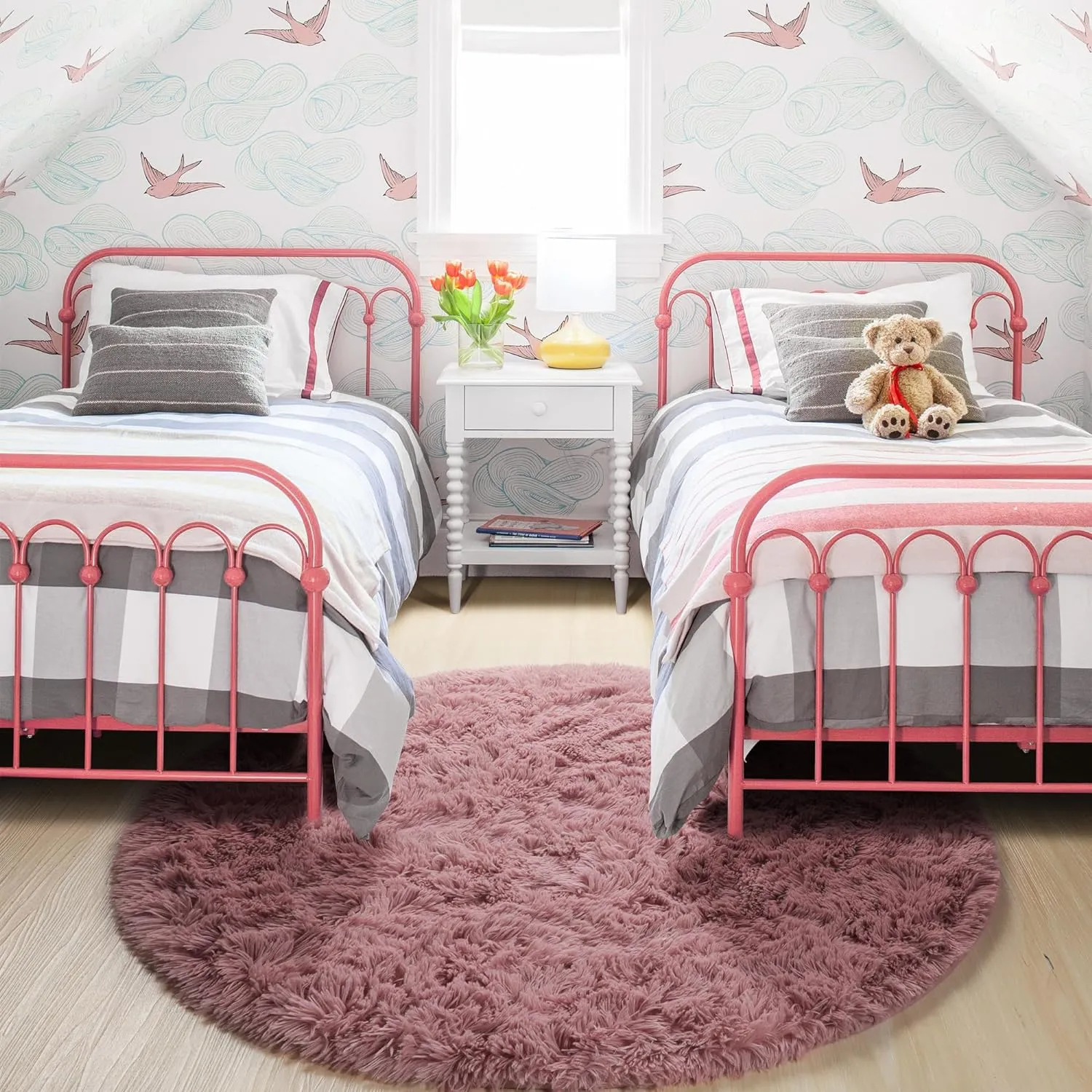 Blush Pink Fluffy Round Rug 4Ft for Bedroom, Fuzzy Furry Circle Area Rugs for Kids Room Decor Aesthetic, Shaggy Circular Carpet for Girls Nursery Dorm Baby Teen, Cute Neutral Dusty Rose Mauve Rug