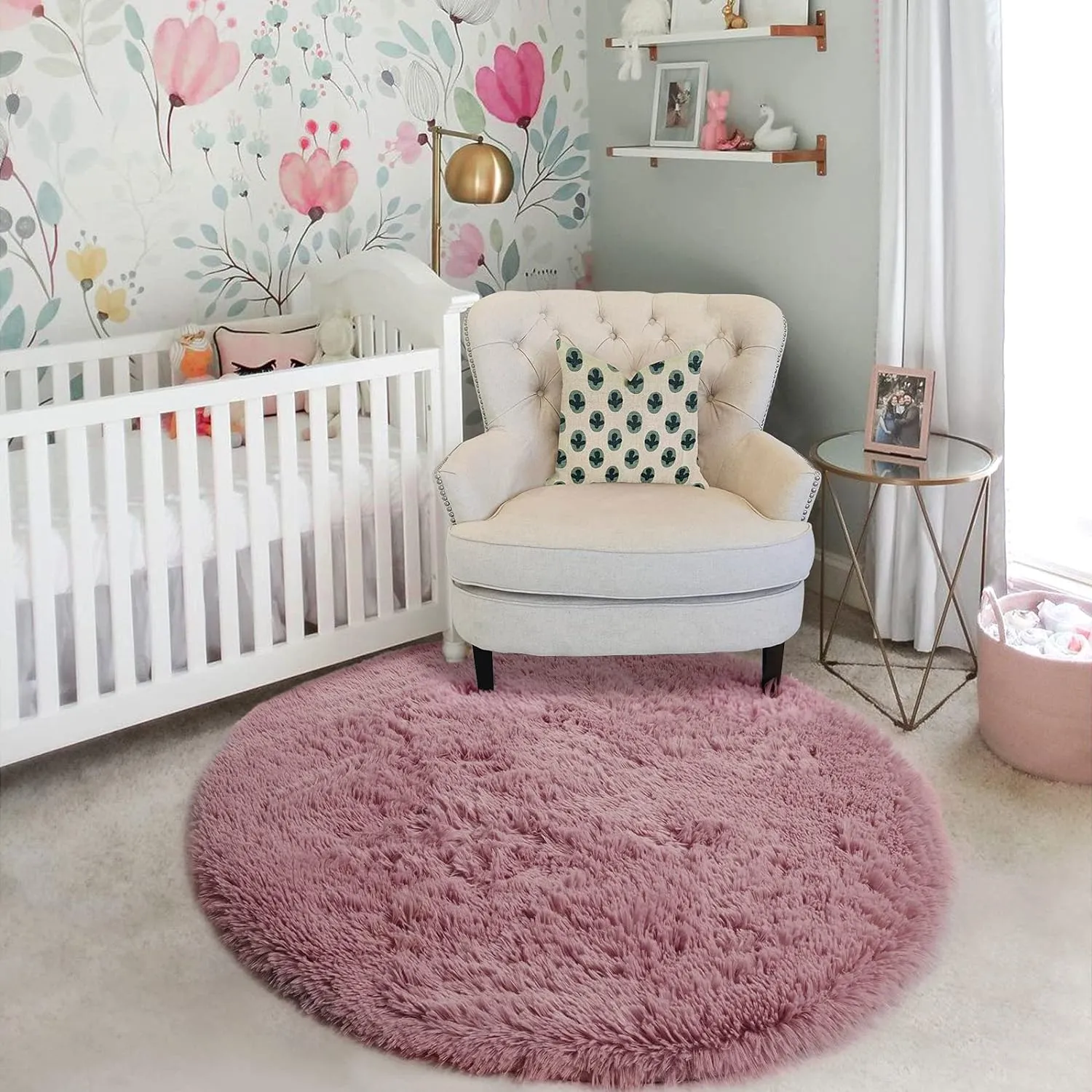 Blush Pink Fluffy Round Rug 4Ft for Bedroom, Fuzzy Furry Circle Area Rugs for Kids Room Decor Aesthetic, Shaggy Circular Carpet for Girls Nursery Dorm Baby Teen, Cute Neutral Dusty Rose Mauve Rug