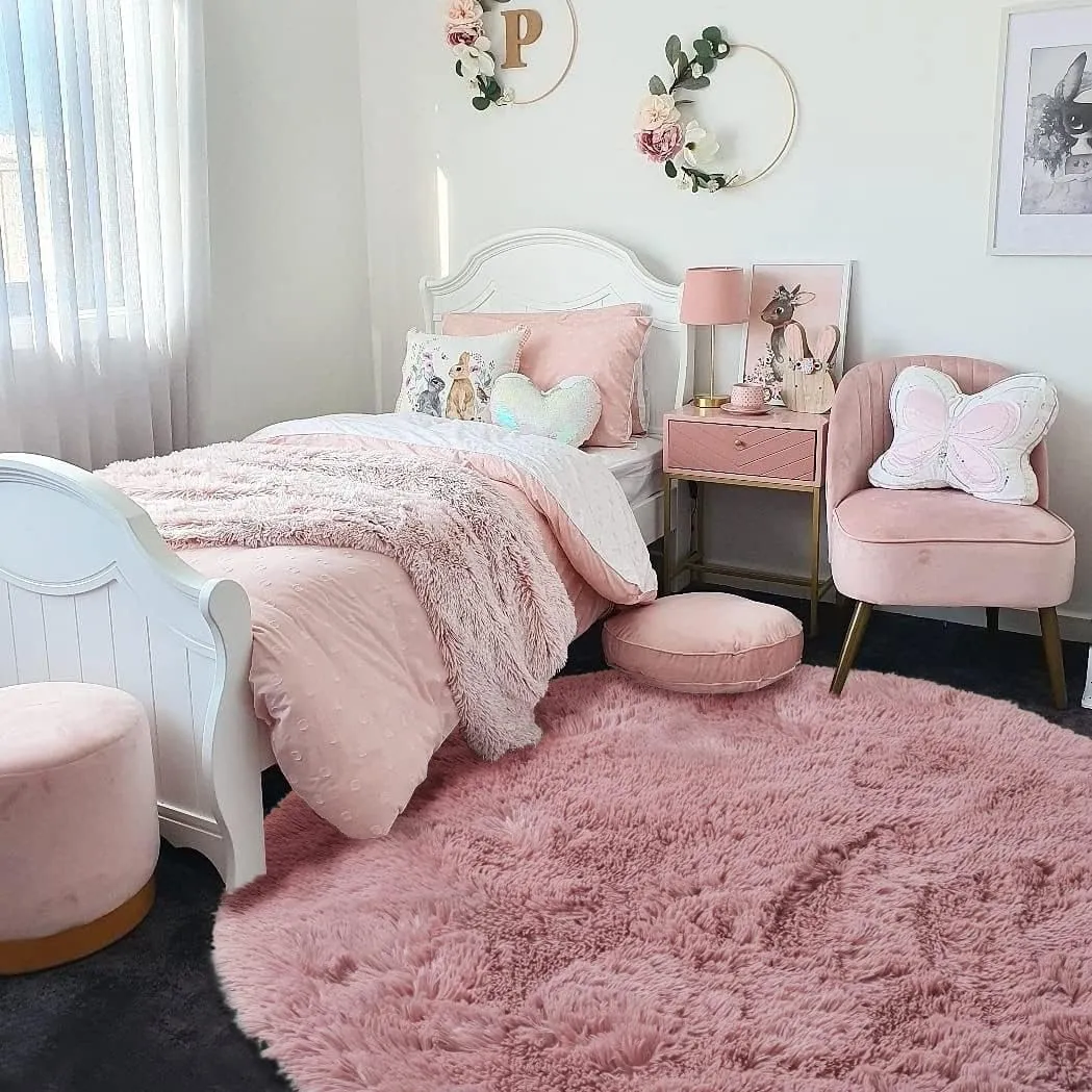 Blush Pink Fluffy Round Rug 4Ft for Bedroom, Fuzzy Furry Circle Area Rugs for Kids Room Decor Aesthetic, Shaggy Circular Carpet for Girls Nursery Dorm Baby Teen, Cute Neutral Dusty Rose Mauve Rug