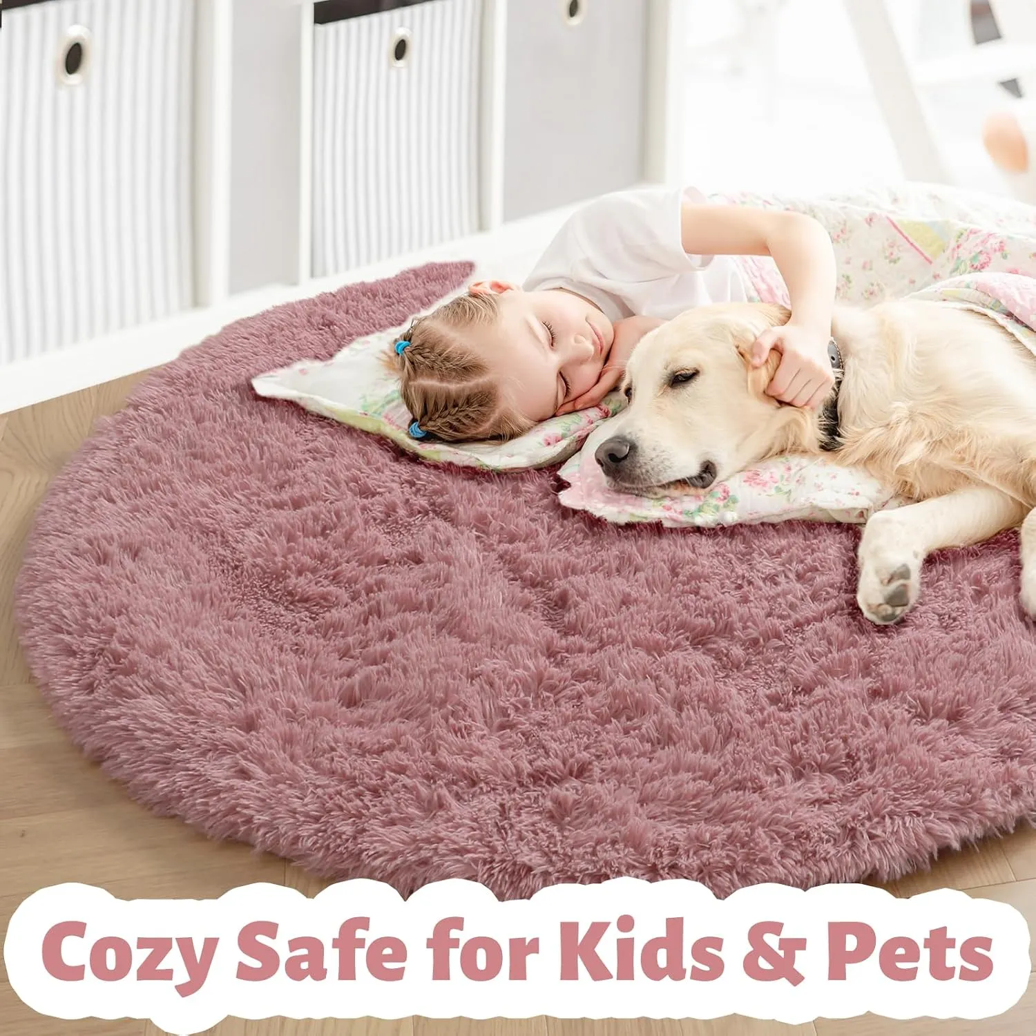 Blush Pink Fluffy Round Rug 4Ft for Bedroom, Fuzzy Furry Circle Area Rugs for Kids Room Decor Aesthetic, Shaggy Circular Carpet for Girls Nursery Dorm Baby Teen, Cute Neutral Dusty Rose Mauve Rug