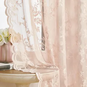 Blush Pink Lace Curtains - 84 Inch Long, 2 Panel French Floral Sheer Curtains for Living Room & Bedroom - Vintage Victorian Style, Rod Pocket, Light Filtering Edges, Drapes - 52x84