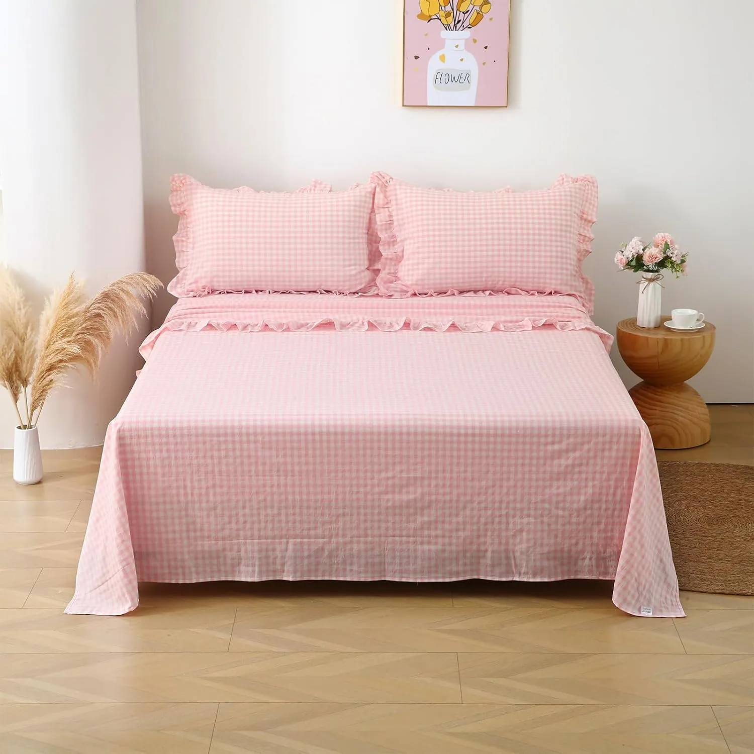 Blush White Plaid Ruffle Gingham Sheets Twin Size 4-Piece Set, 300TC 100% Yarn Dyed Cotton Sheets 18 in Deep Pocket Kids Preppy Decorative Bedding (Blush/White Plaid, Twin)