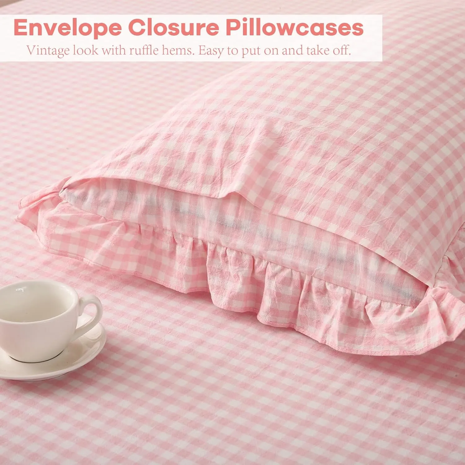 Blush White Plaid Ruffle Gingham Sheets Twin Size 4-Piece Set, 300TC 100% Yarn Dyed Cotton Sheets 18 in Deep Pocket Kids Preppy Decorative Bedding (Blush/White Plaid, Twin)