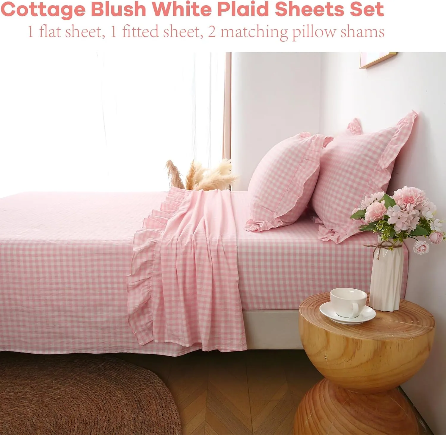 Blush White Plaid Ruffle Gingham Sheets Twin Size 4-Piece Set, 300TC 100% Yarn Dyed Cotton Sheets 18 in Deep Pocket Kids Preppy Decorative Bedding (Blush/White Plaid, Twin)