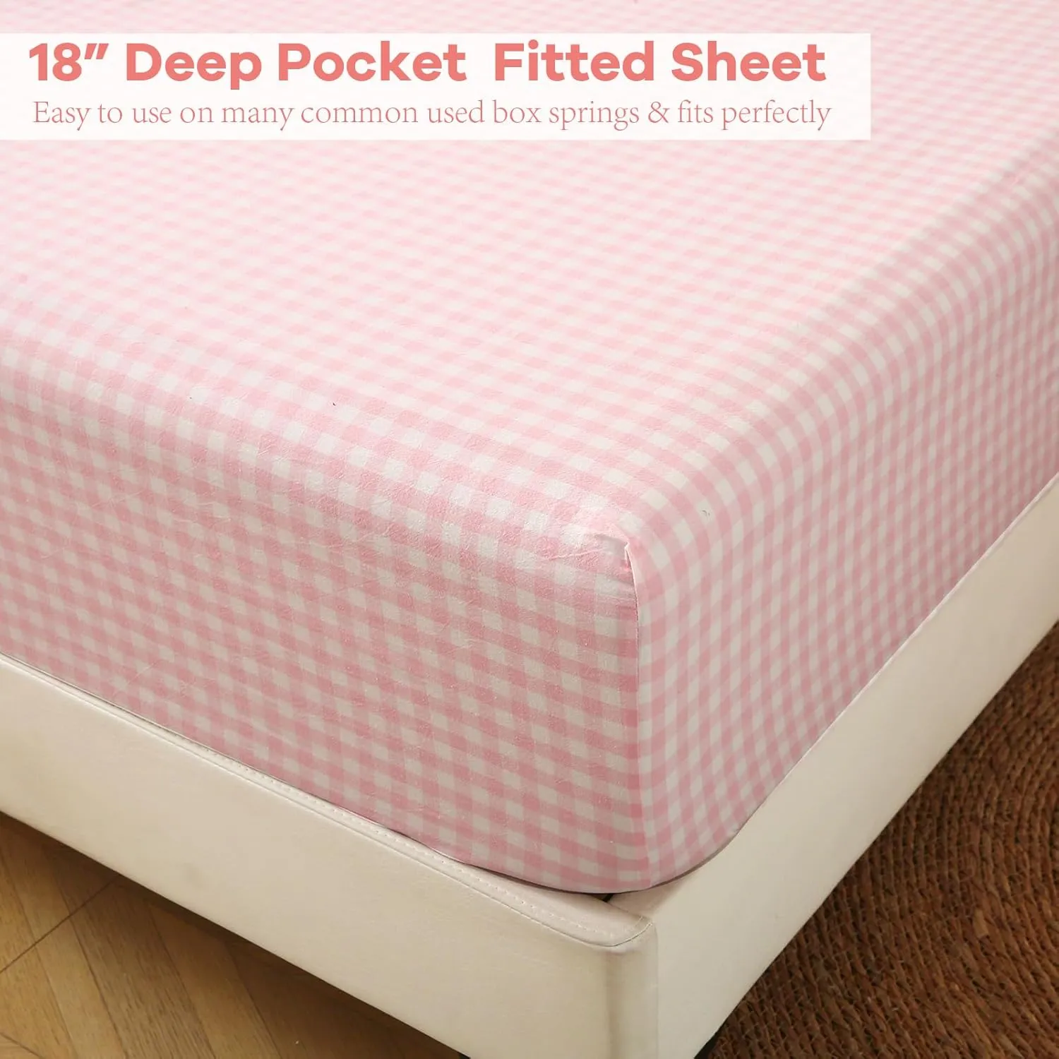 Blush White Plaid Ruffle Gingham Sheets Twin Size 4-Piece Set, 300TC 100% Yarn Dyed Cotton Sheets 18 in Deep Pocket Kids Preppy Decorative Bedding (Blush/White Plaid, Twin)