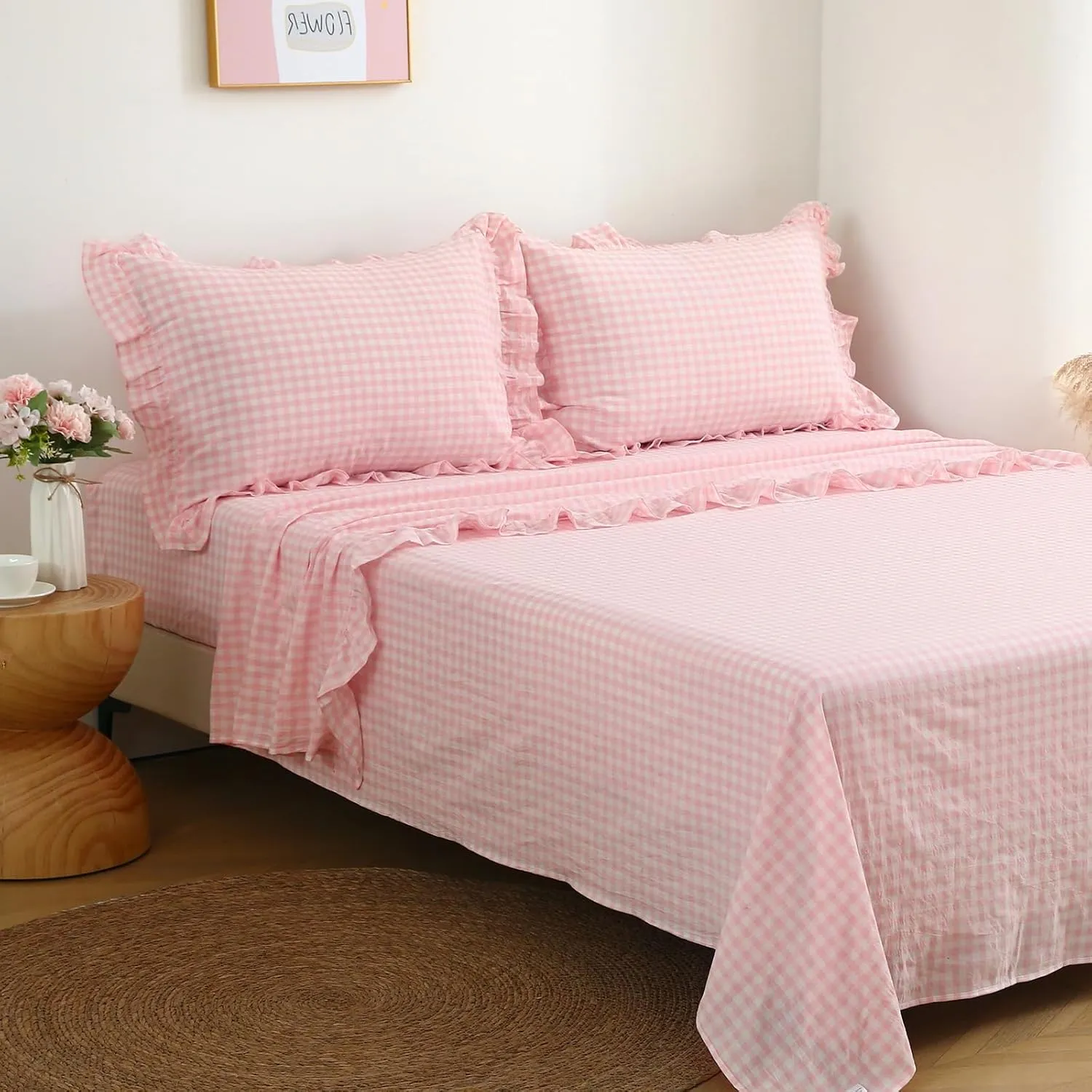 Blush White Plaid Ruffle Gingham Sheets Twin Size 4-Piece Set, 300TC 100% Yarn Dyed Cotton Sheets 18 in Deep Pocket Kids Preppy Decorative Bedding (Blush/White Plaid, Twin)