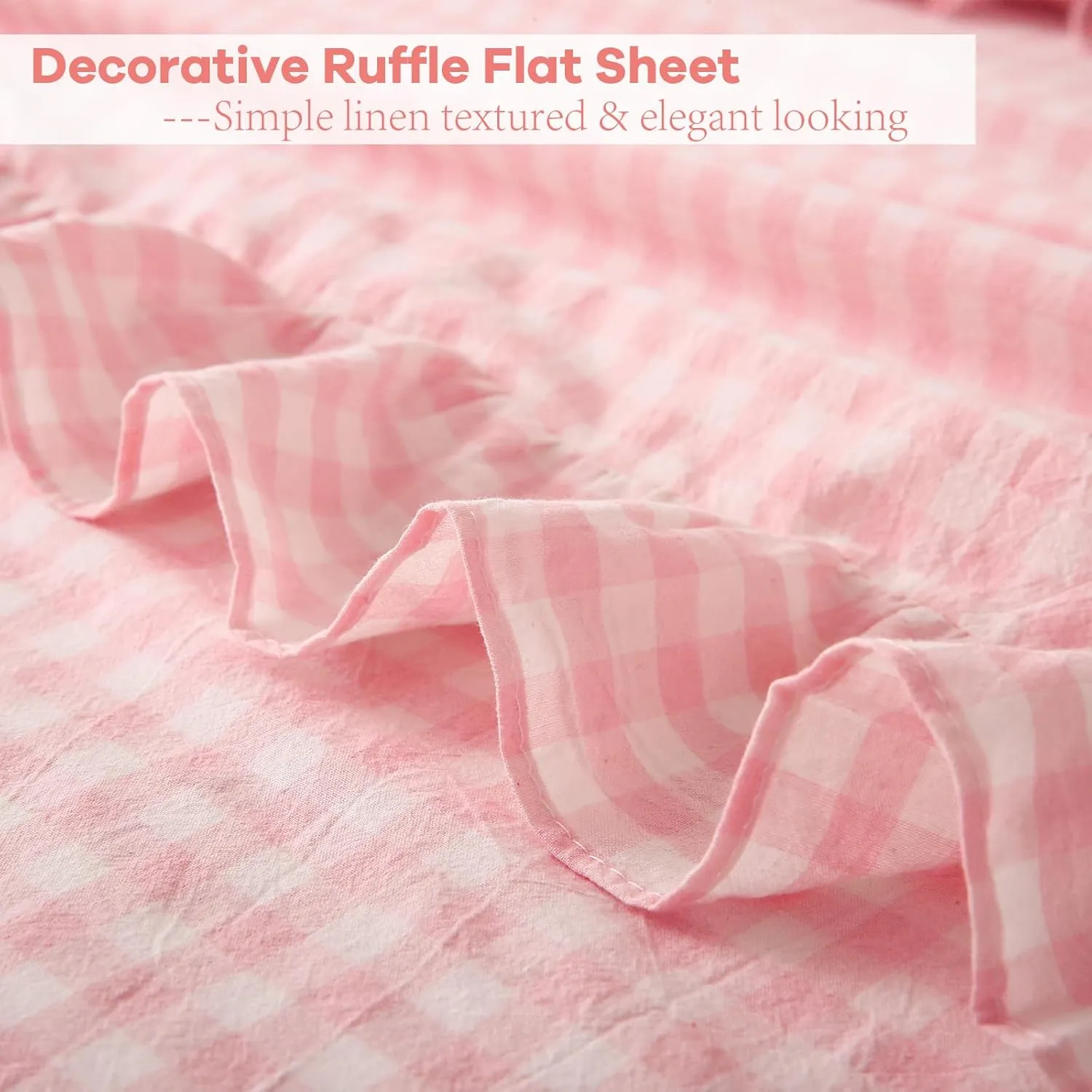 Blush White Plaid Ruffle Gingham Sheets Twin Size 4-Piece Set, 300TC 100% Yarn Dyed Cotton Sheets 18 in Deep Pocket Kids Preppy Decorative Bedding (Blush/White Plaid, Twin)