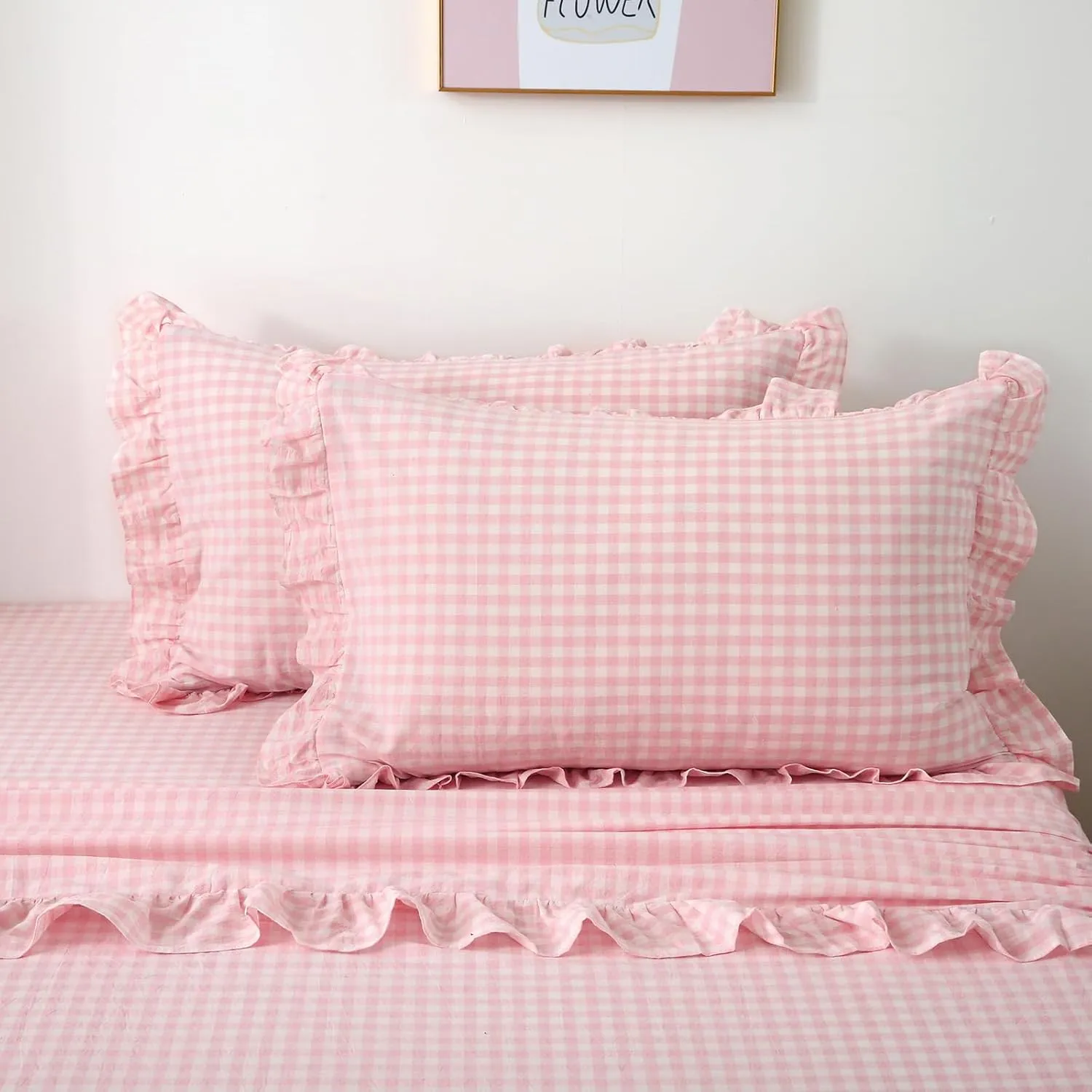 Blush White Plaid Ruffle Gingham Sheets Twin Size 4-Piece Set, 300TC 100% Yarn Dyed Cotton Sheets 18 in Deep Pocket Kids Preppy Decorative Bedding (Blush/White Plaid, Twin)