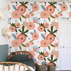 Blush and Coral Bees and Blossoming Flowers Wallpaper