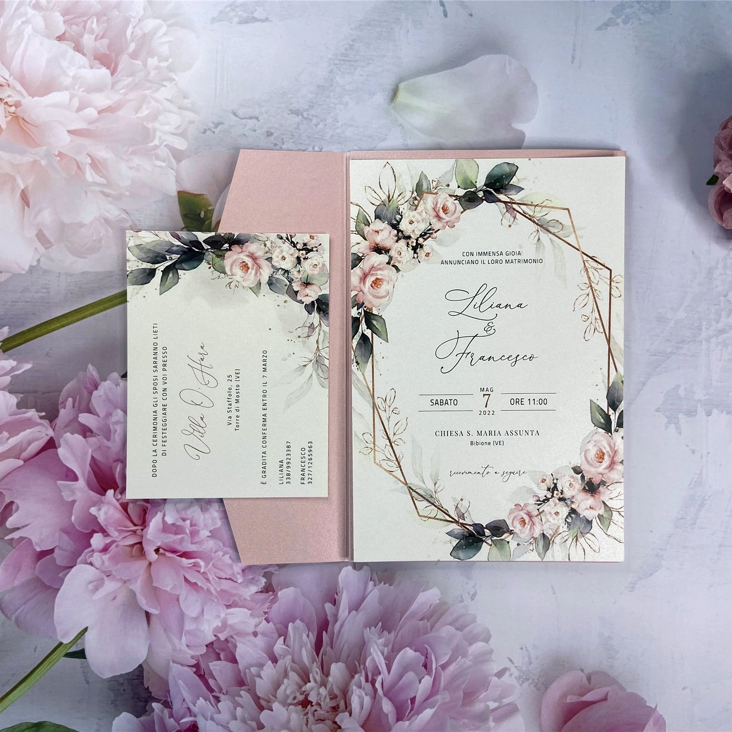 Blush Pink Laser Cut Pocket Fold and Pink Floral Wedding Invites LCZ235