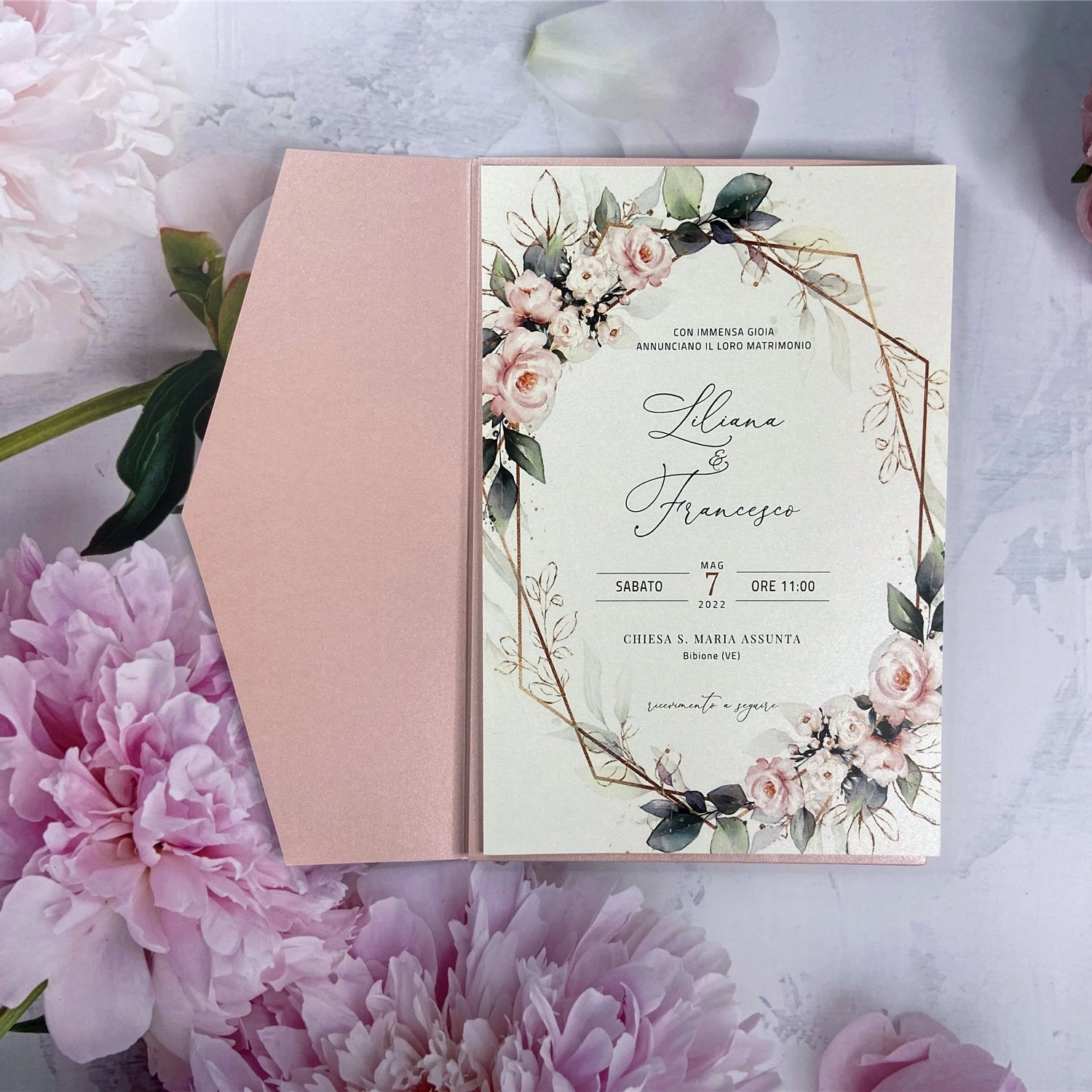Blush Pink Laser Cut Pocket Fold and Pink Floral Wedding Invites LCZ235