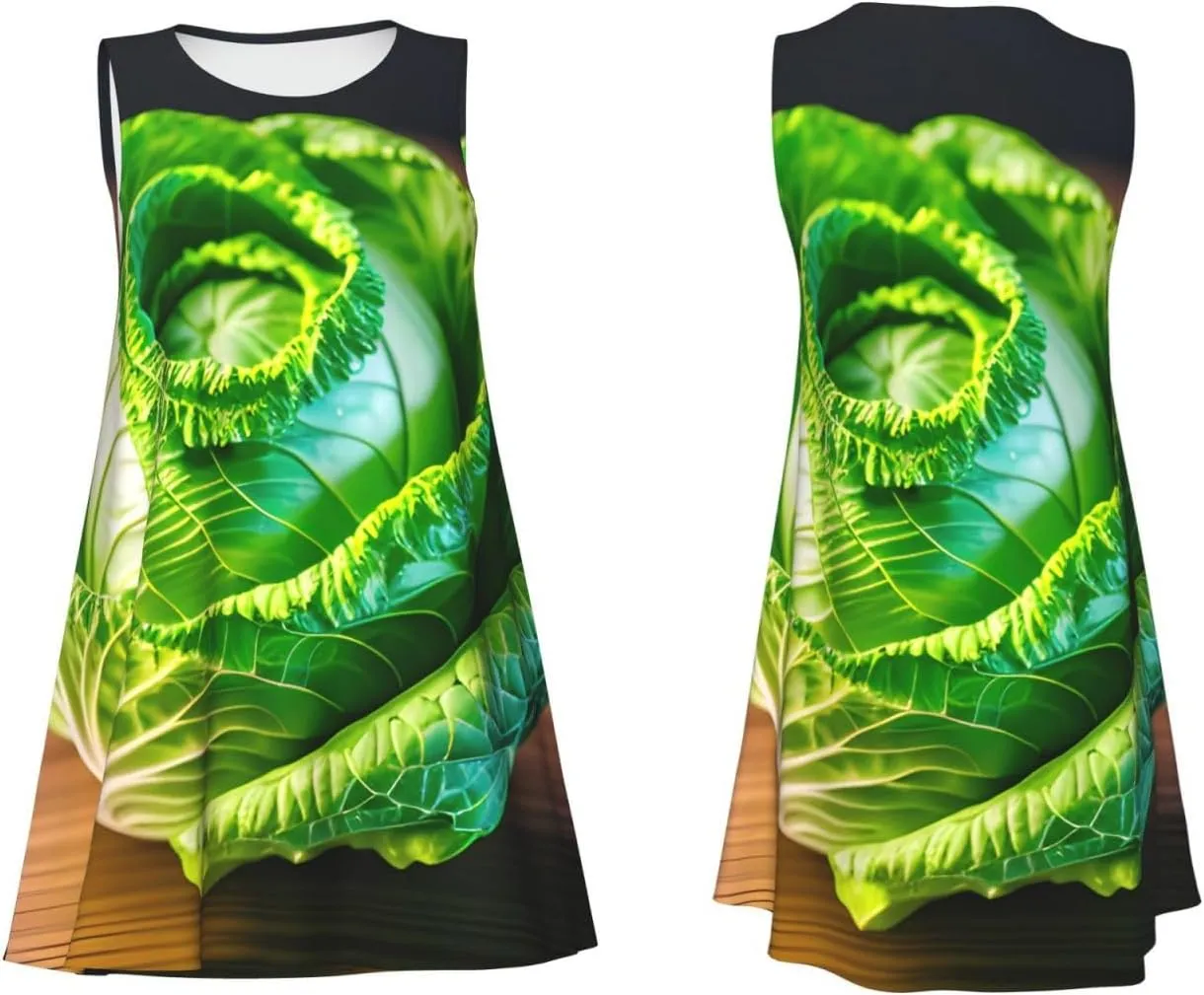 Bright Cabbage Print Casual Women Sleeveless Dress Versatile Round Neck Summer Dresses with Pockets