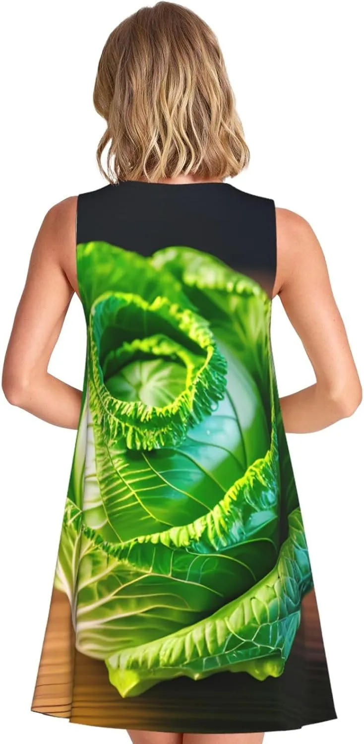 Bright Cabbage Print Casual Women Sleeveless Dress Versatile Round Neck Summer Dresses with Pockets
