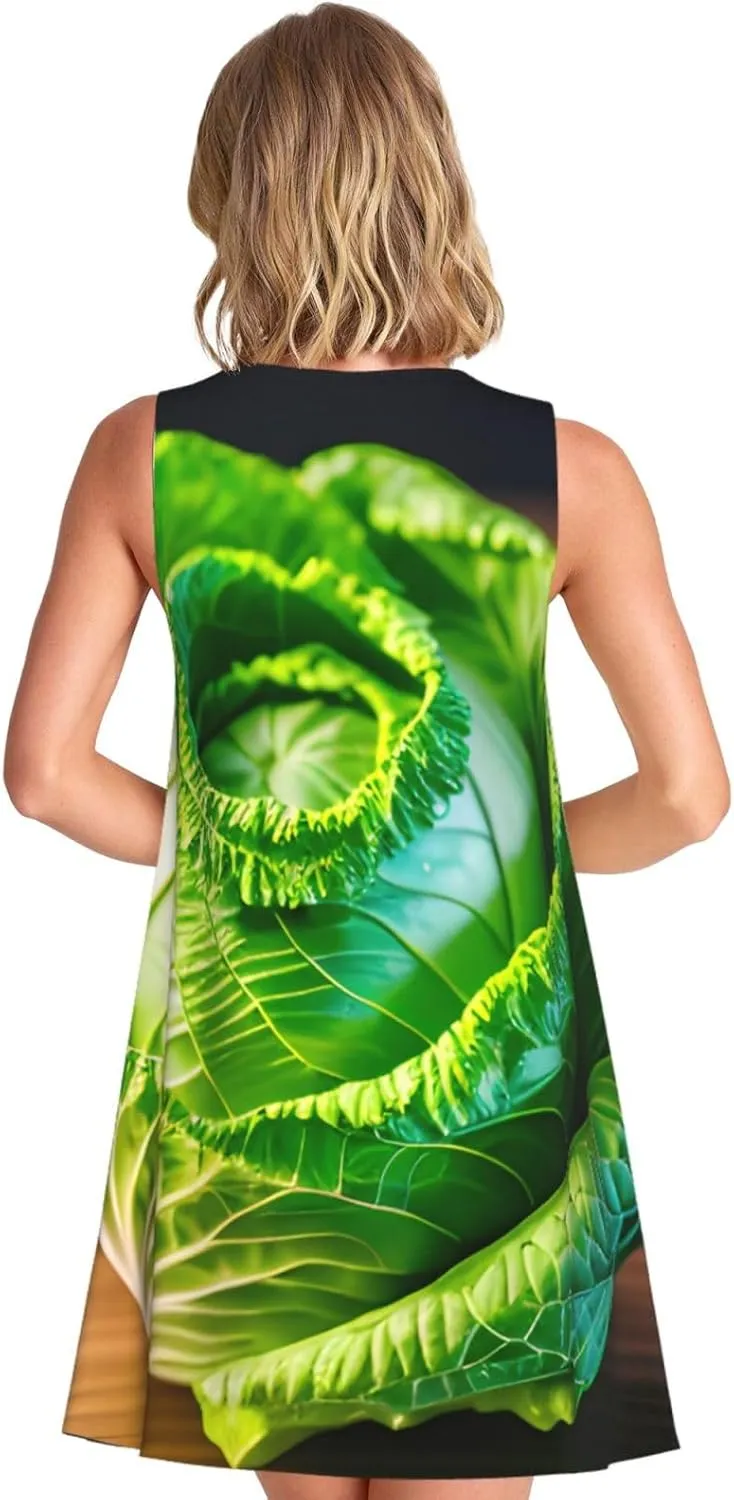 Bright Cabbage Print Functionality Style Women Versatile Sleeveless Dress Neck Summer Casual Sundress