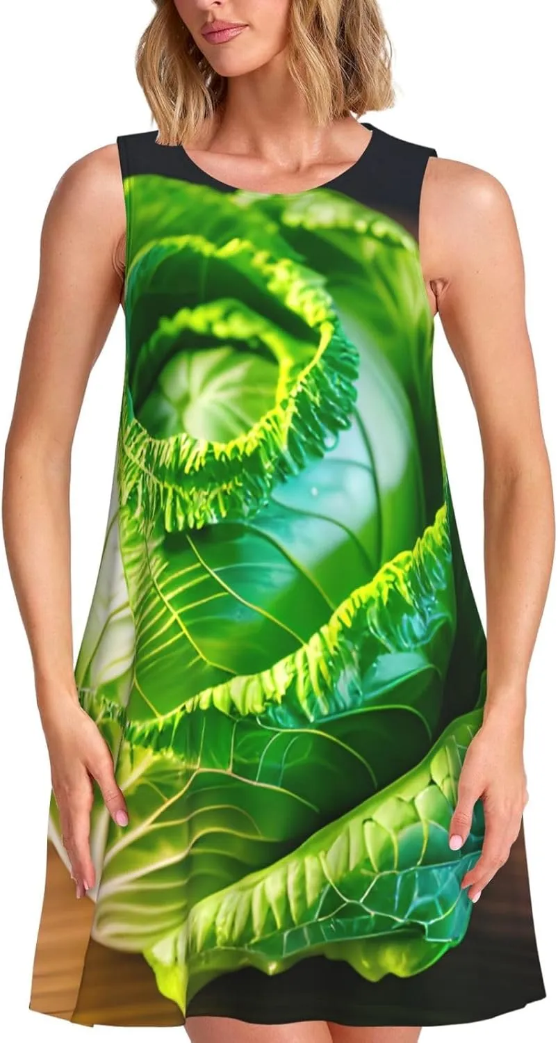 Bright Cabbage Print Functionality Style Women Versatile Sleeveless Dress Neck Summer Casual Sundress