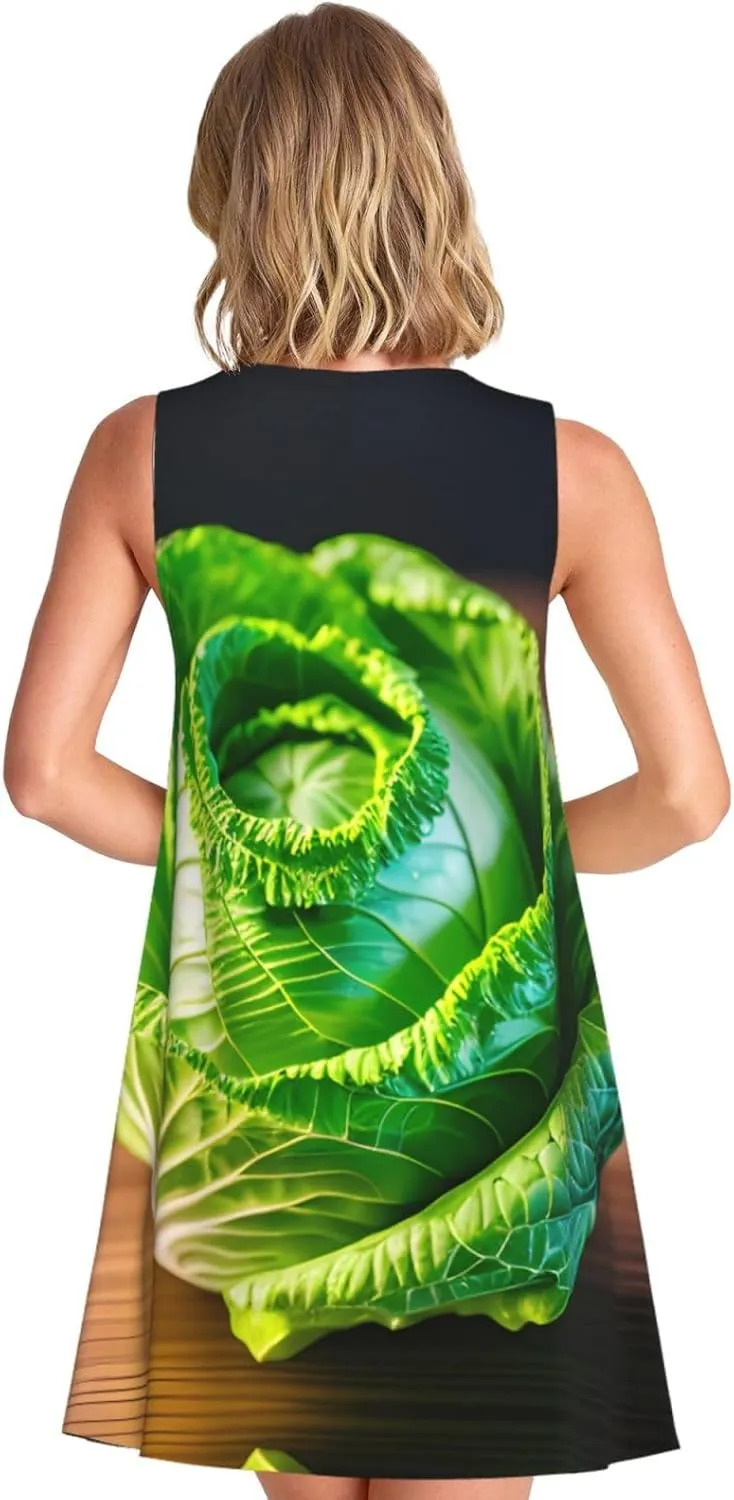Bright Cabbage Print Sleeveless Dress Round Neck Summer Casual Sundress with Pockets Versatile Dress