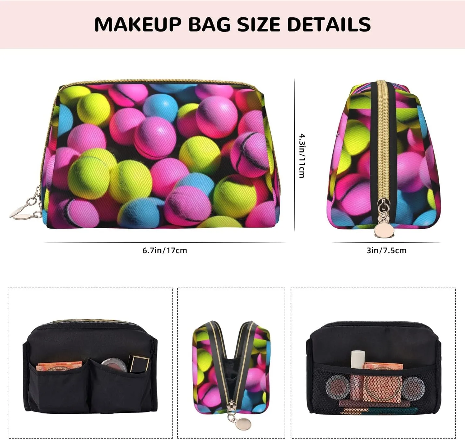 Bright Pink Tennis Balls Toiletry Travel Bag, Portable Cosmetic Organizer For Women, On-The-Go