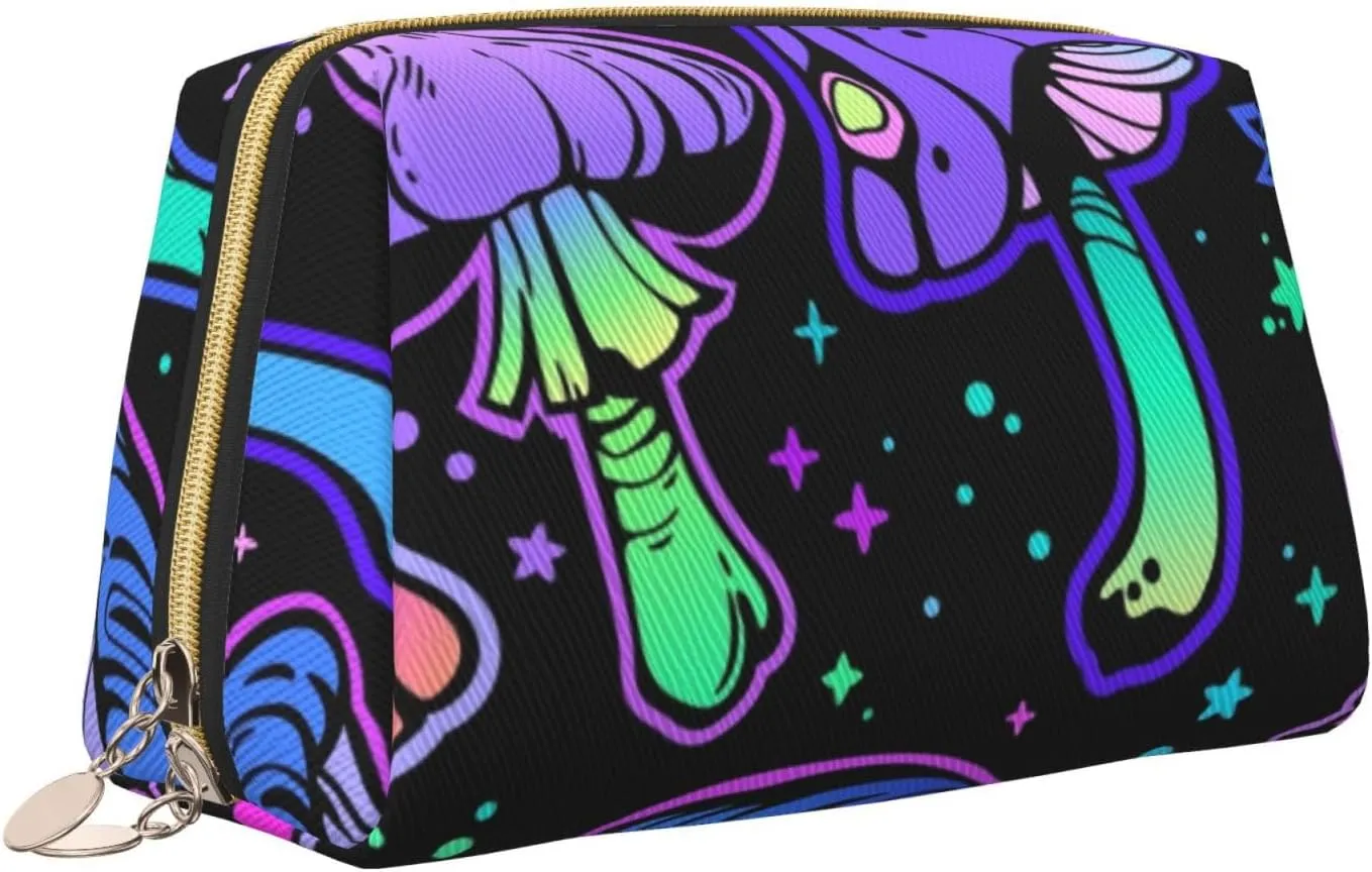 Bright Psychedelic Poisonous Mushrooms Makeup Bag Large Makeup Bag Zipper Pouch Travel Cosmetic Organizer For Women