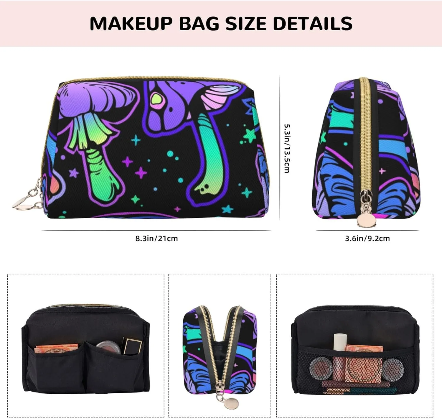 Bright Psychedelic Poisonous Mushrooms Makeup Bag Large Makeup Bag Zipper Pouch Travel Cosmetic Organizer For Women