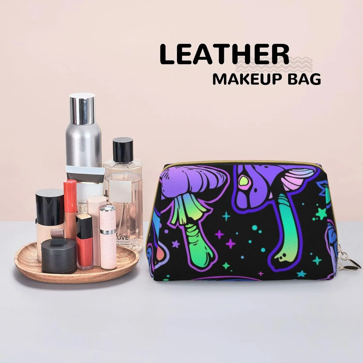 Bright Psychedelic Poisonous Mushrooms Makeup Bag Large Makeup Bag Zipper Pouch Travel Cosmetic Organizer For Women