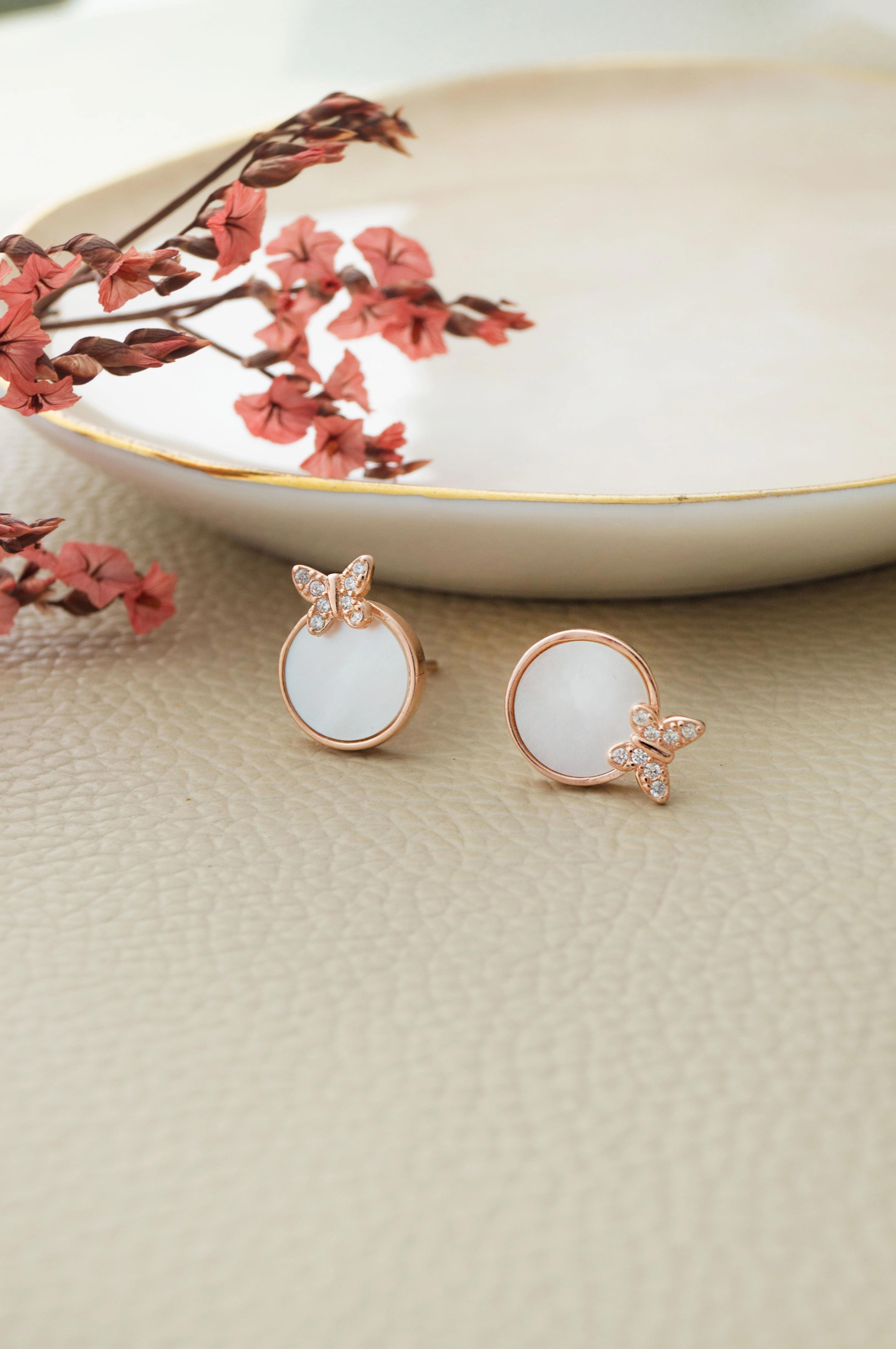 Butterfly On Mother Of Pearl Rose Gold Plated Sterling Silver Pendant Set