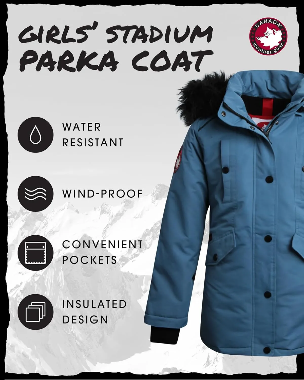 CANADA WEATHER GEAR Girls' Winter Faux Fur Lining Ski Jacket - Water and Wind Resistant Fleece Coat with Hood (Sizes: 7-16)