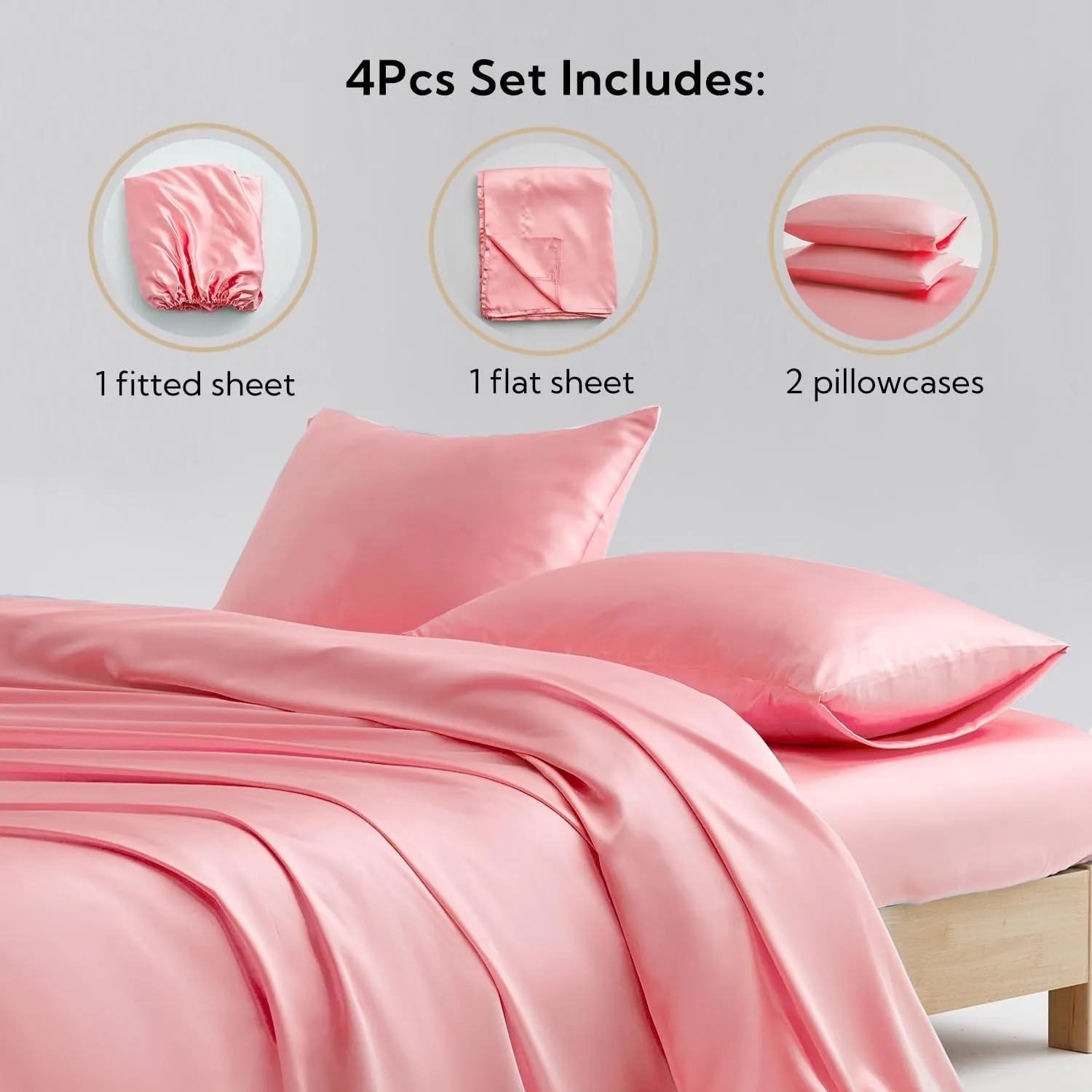 Candoury Satin Sheets Full Size Bed Sheets Set 4 Pcs, Soft and Durable Pillowcase, Flat Sheet and Fitted Sheet, Hotel Luxury Silky Satin Sheets Set (Full, Blush)