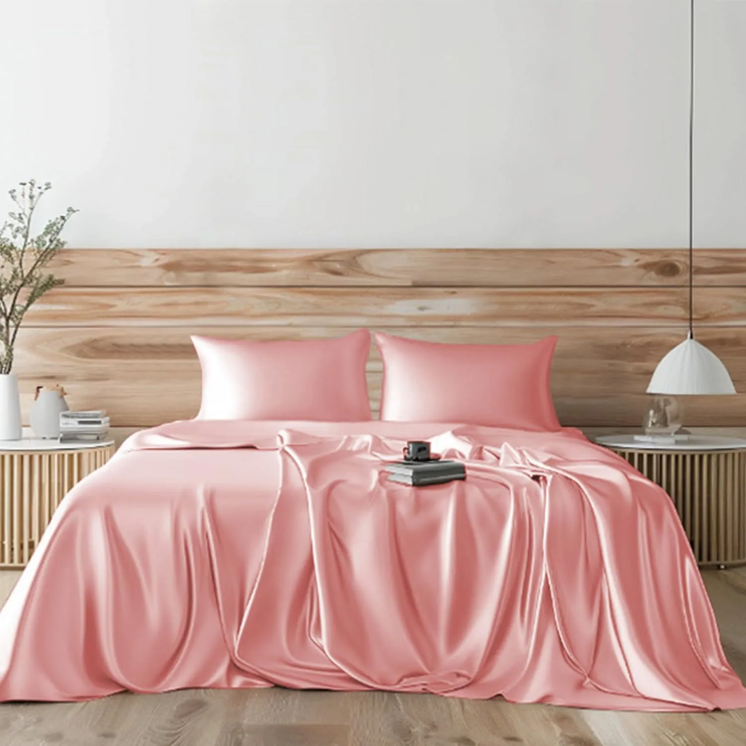 Candoury Satin Sheets Full Size Bed Sheets Set 4 Pcs, Soft and Durable Pillowcase, Flat Sheet and Fitted Sheet, Hotel Luxury Silky Satin Sheets Set (Full, Blush)