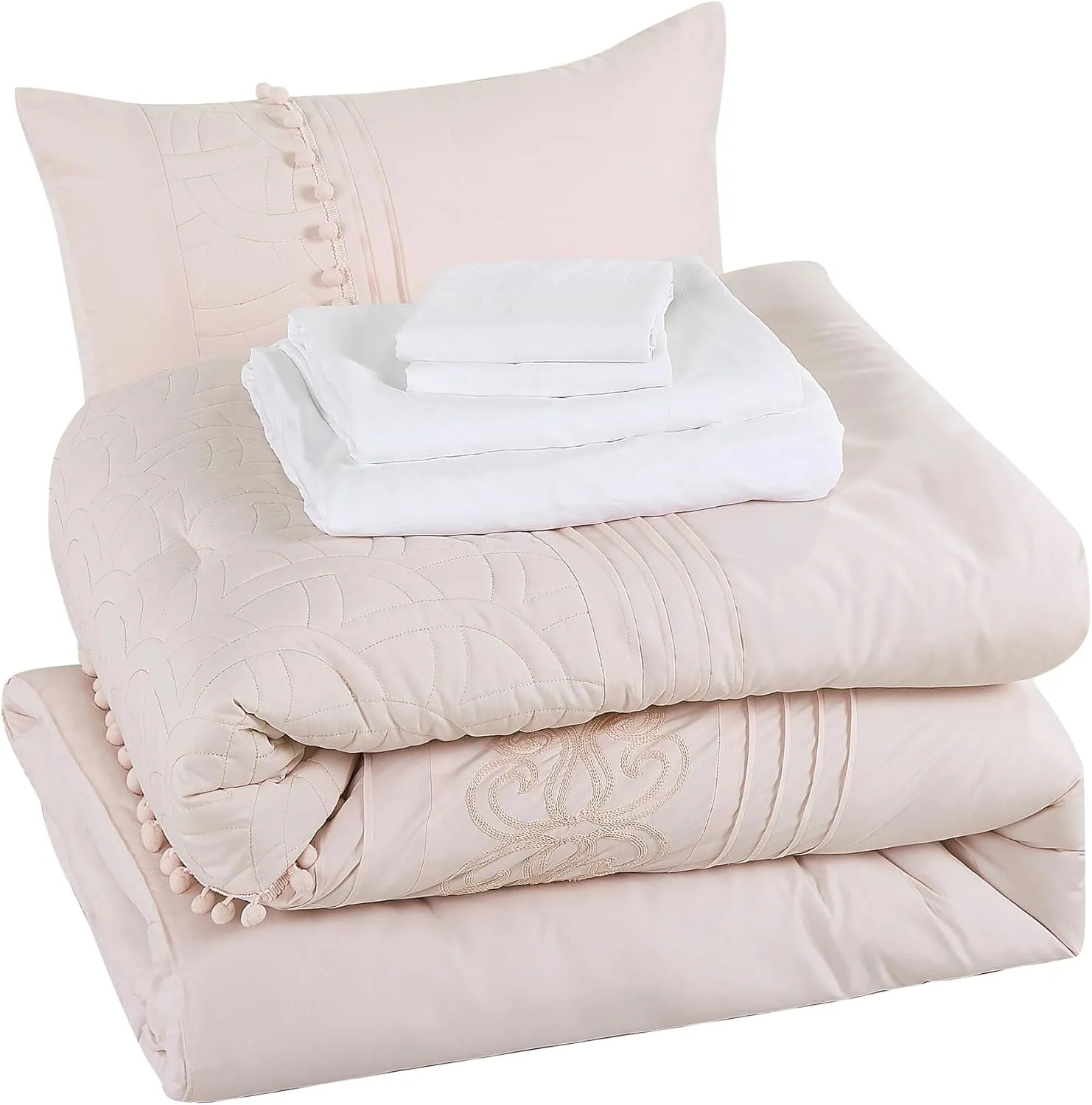 Chezmoi Collection Athena King Bed in a Bag 7-Pieces Floral Chenille Embroidered Pom Pom Stripe Comforter Set with Sheets All Season Bedding Set, King, Blush Pink