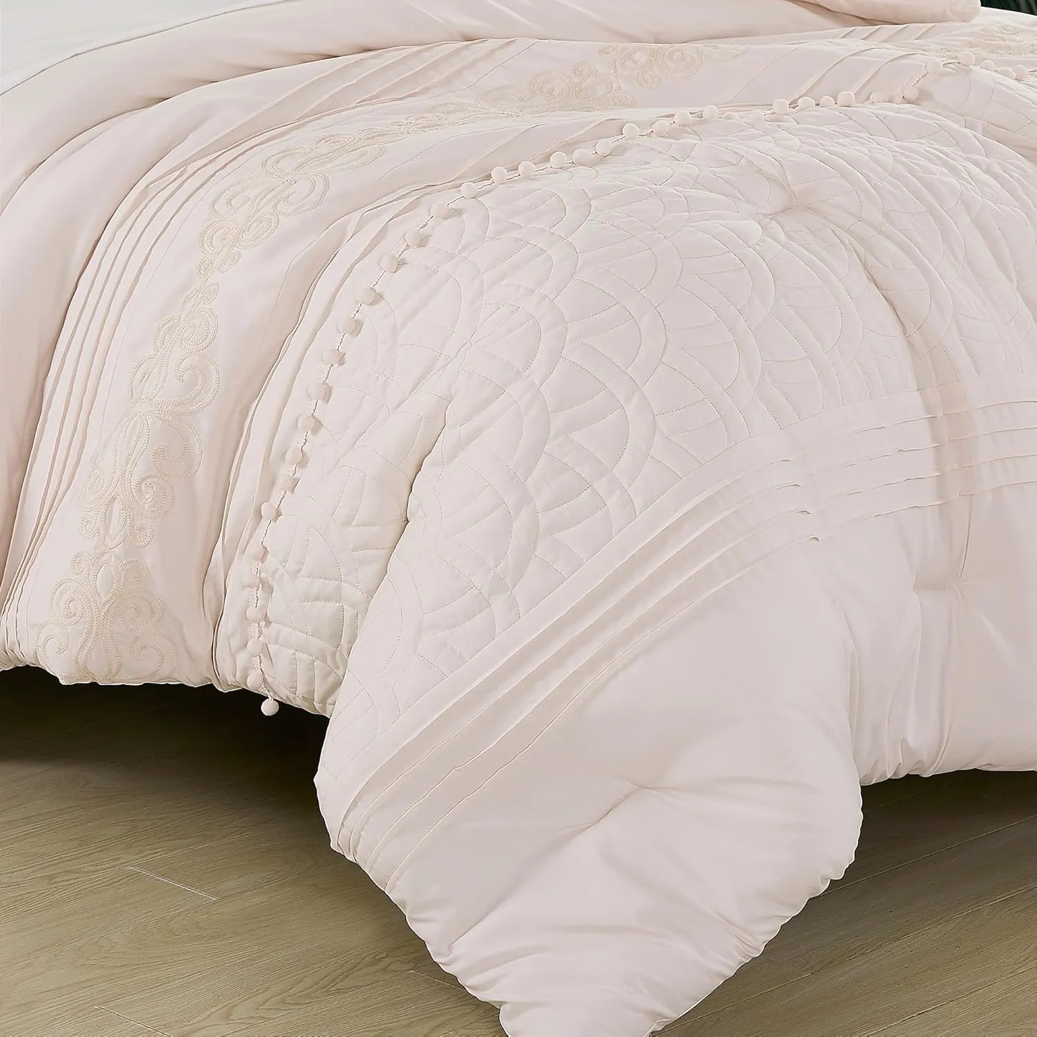 Chezmoi Collection Athena King Bed in a Bag 7-Pieces Floral Chenille Embroidered Pom Pom Stripe Comforter Set with Sheets All Season Bedding Set, King, Blush Pink