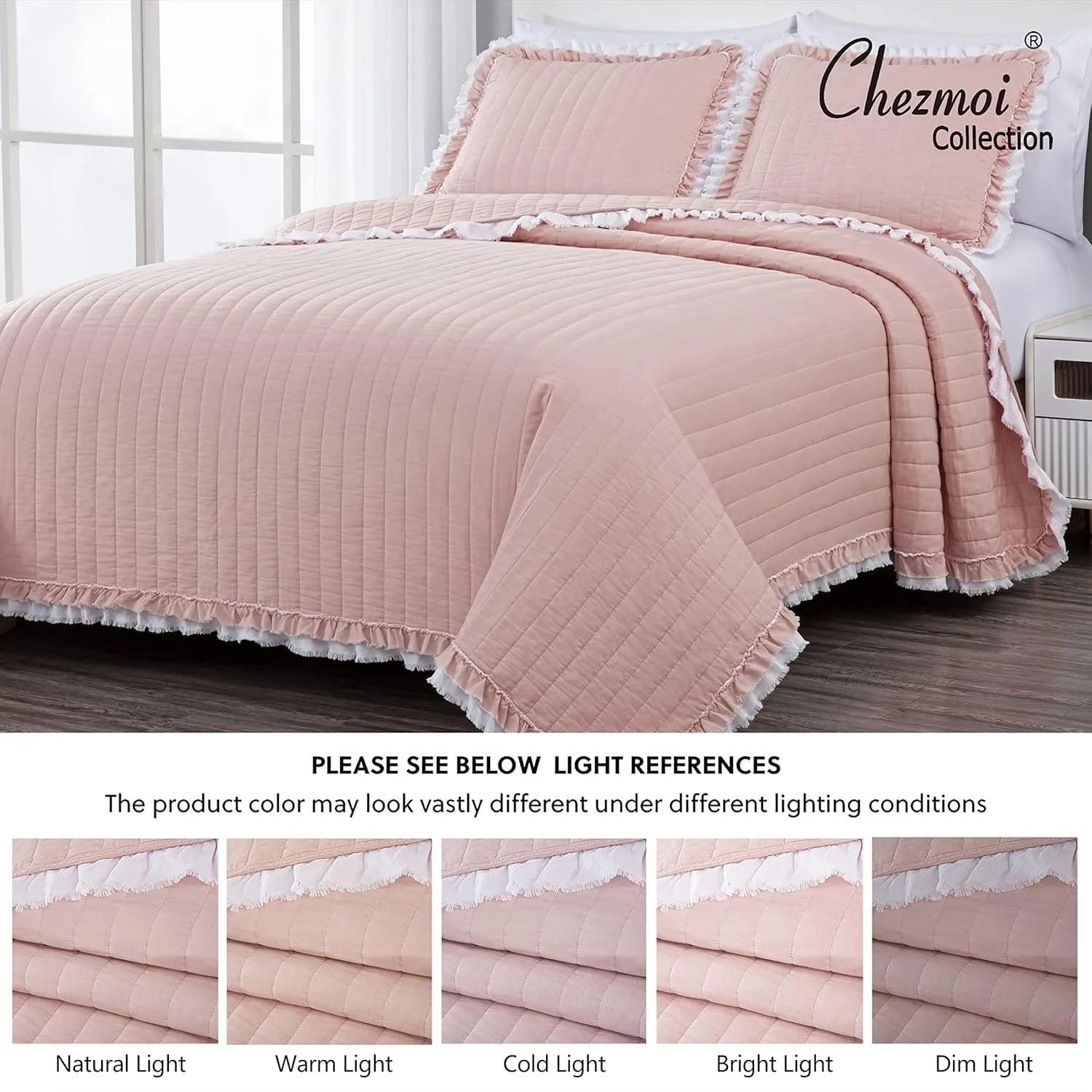 Chezmoi Collection Bonnie 3-Piece 100% Cotton Quilt Set King Size, Blush - Double Frayed Ruffled Edge Lightweight Pre-Washed Soft-Finished Cotton Bedspread for All Season