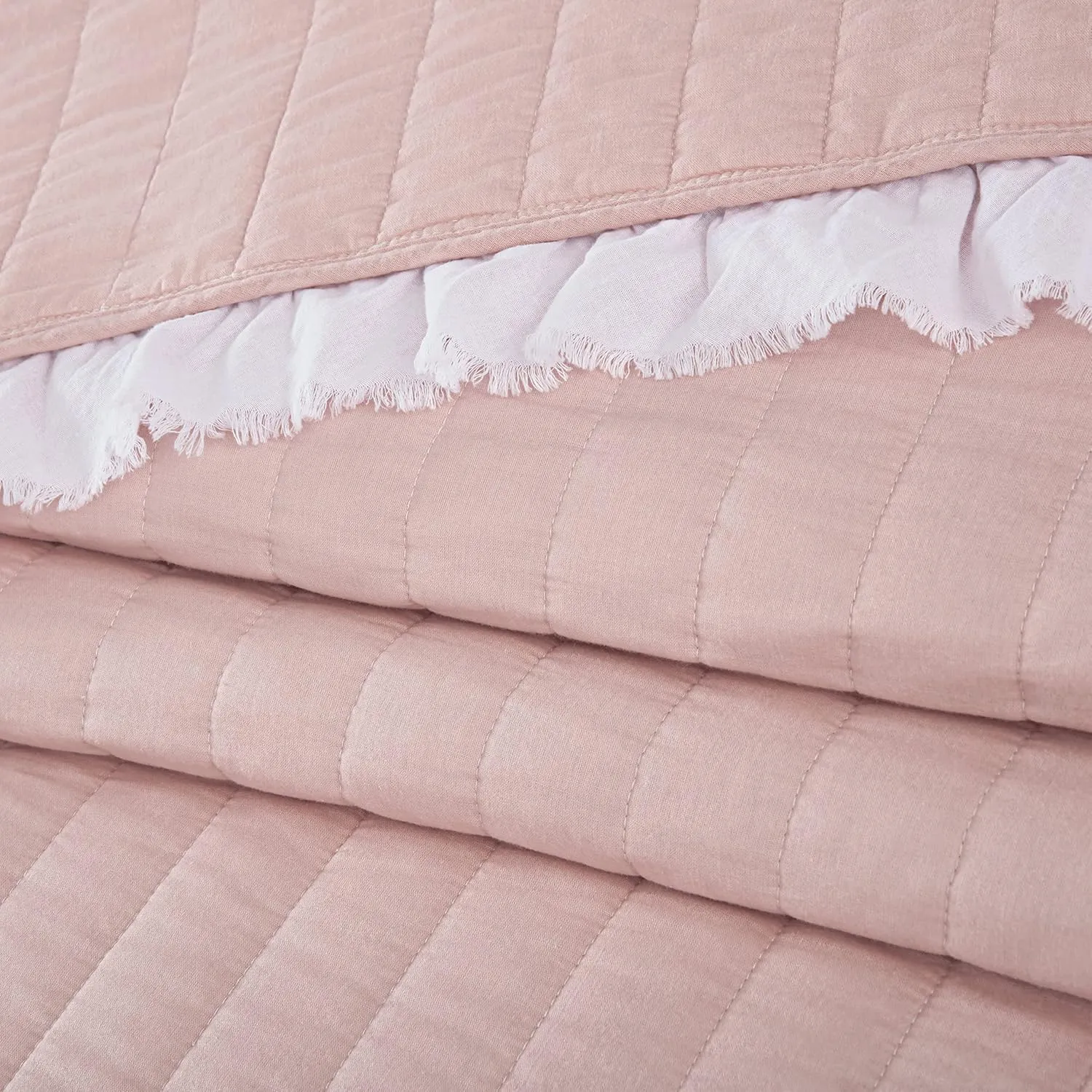 Chezmoi Collection Bonnie 3-Piece 100% Cotton Quilt Set King Size, Blush - Double Frayed Ruffled Edge Lightweight Pre-Washed Soft-Finished Cotton Bedspread for All Season