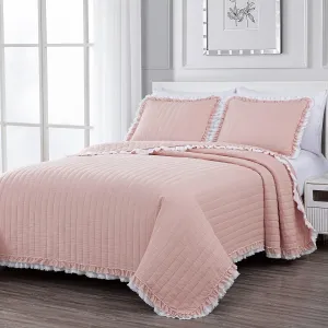 Chezmoi Collection Bonnie 3-Piece 100% Cotton Quilt Set King Size, Blush - Double Frayed Ruffled Edge Lightweight Pre-Washed Soft-Finished Cotton Bedspread for All Season