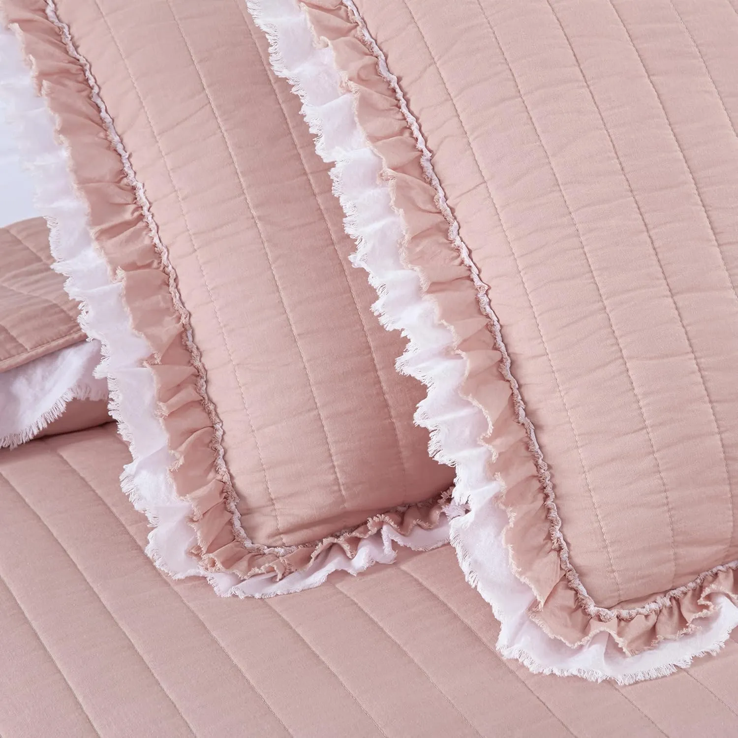 Chezmoi Collection Bonnie 3-Piece 100% Cotton Quilt Set King Size, Blush - Double Frayed Ruffled Edge Lightweight Pre-Washed Soft-Finished Cotton Bedspread for All Season