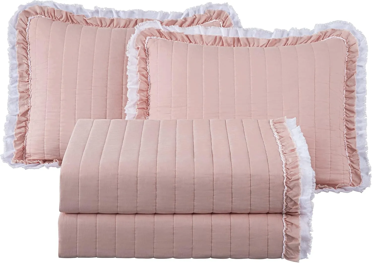 Chezmoi Collection Bonnie 3-Piece 100% Cotton Quilt Set King Size, Blush - Double Frayed Ruffled Edge Lightweight Pre-Washed Soft-Finished Cotton Bedspread for All Season