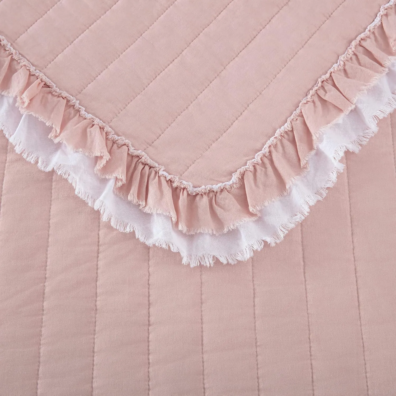 Chezmoi Collection Bonnie 3-Piece 100% Cotton Quilt Set King Size, Blush - Double Frayed Ruffled Edge Lightweight Pre-Washed Soft-Finished Cotton Bedspread for All Season