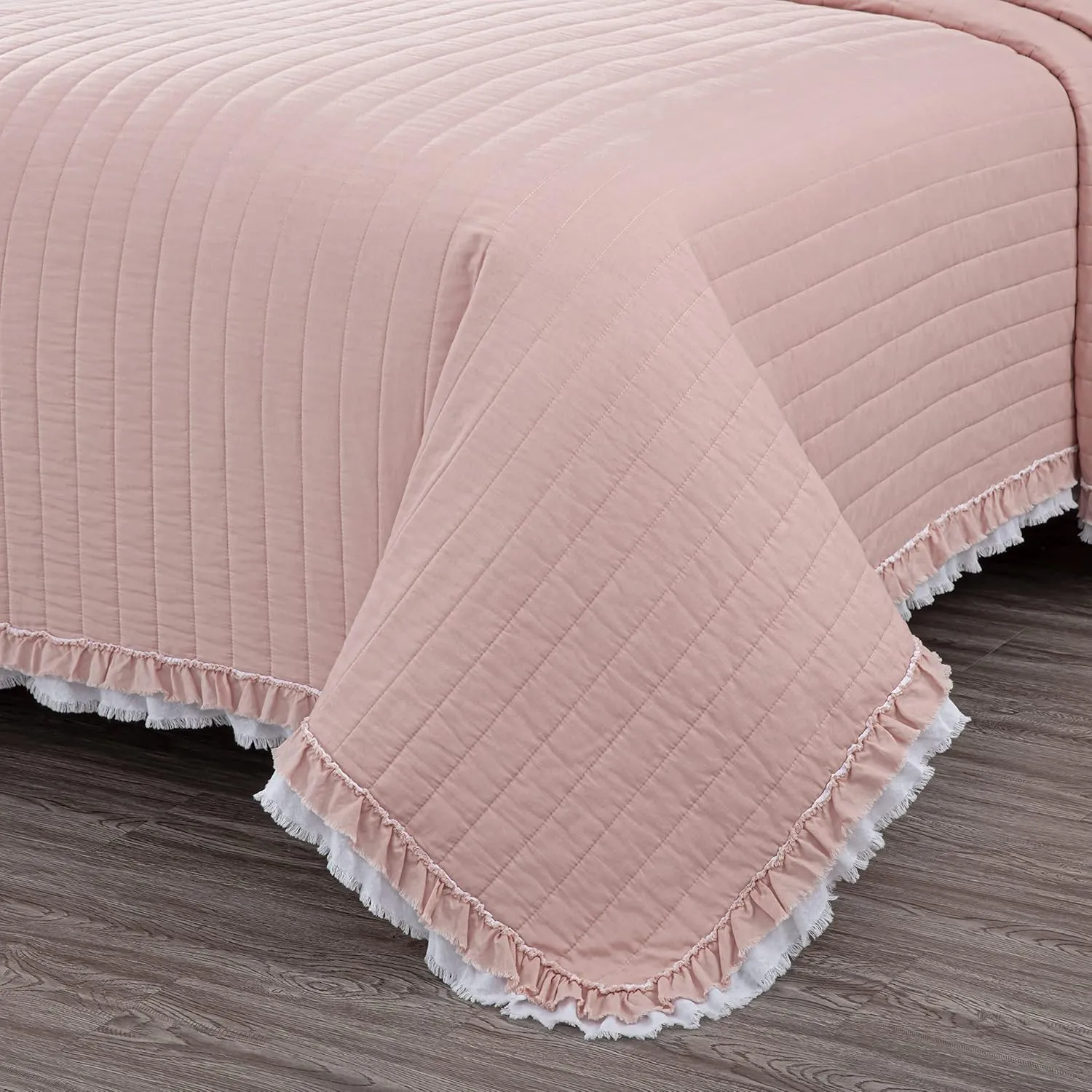 Chezmoi Collection Bonnie 3-Piece 100% Cotton Quilt Set King Size, Blush - Double Frayed Ruffled Edge Lightweight Pre-Washed Soft-Finished Cotton Bedspread for All Season