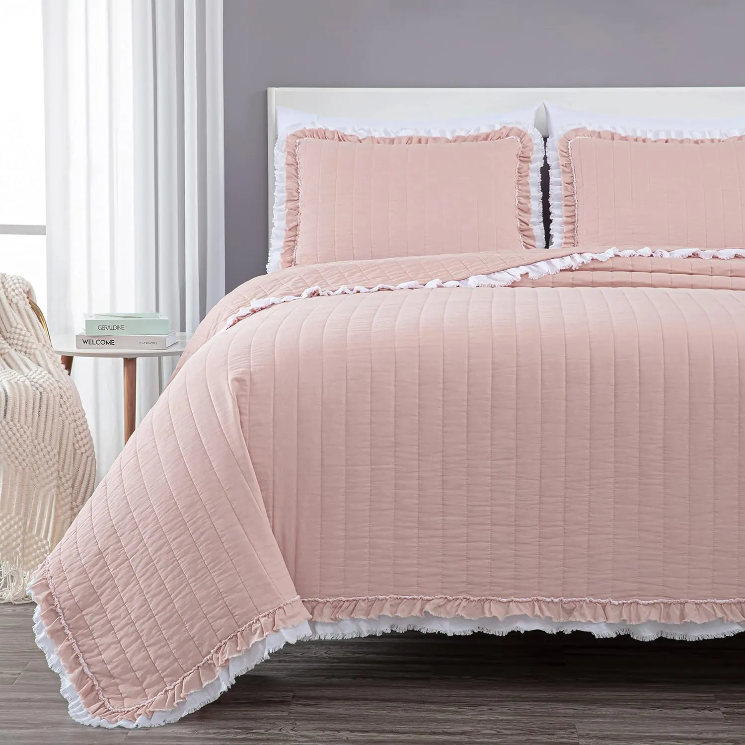 Chezmoi Collection Bonnie 3-Piece 100% Cotton Quilt Set King Size, Blush - Double Frayed Ruffled Edge Lightweight Pre-Washed Soft-Finished Cotton Bedspread for All Season