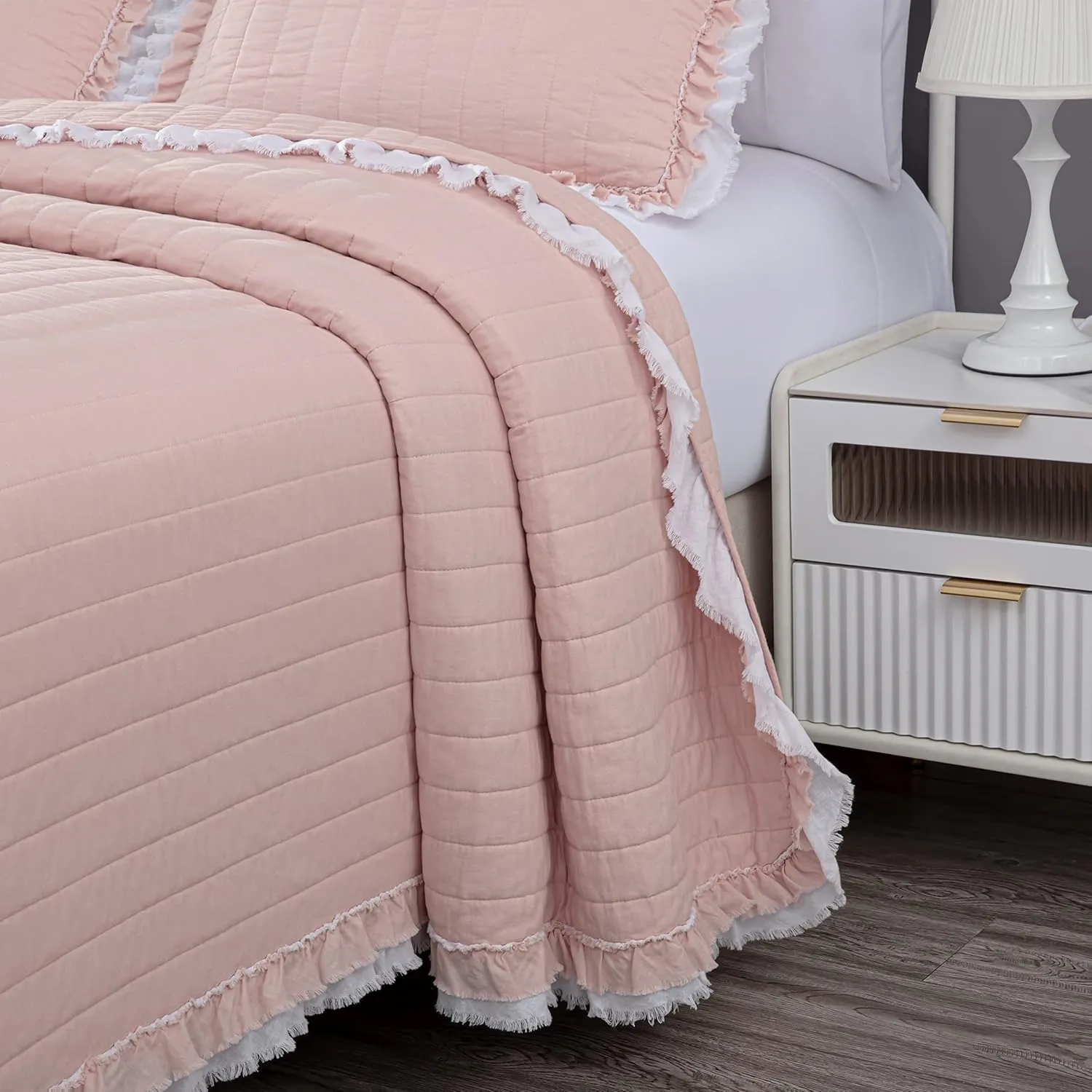 Chezmoi Collection Bonnie 3-Piece 100% Cotton Quilt Set King Size, Blush - Double Frayed Ruffled Edge Lightweight Pre-Washed Soft-Finished Cotton Bedspread for All Season