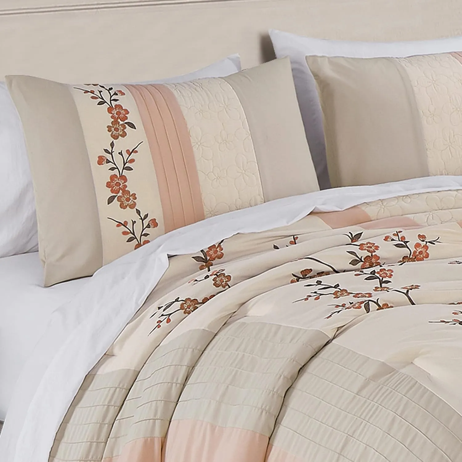 Chezmoi Collection Everly King Bed in a Bag 7-Pieces Luxury Blush Taupe Cherry Blossom Floral Embroidery Comforter Set with Sheets All Season Bedding Set, King