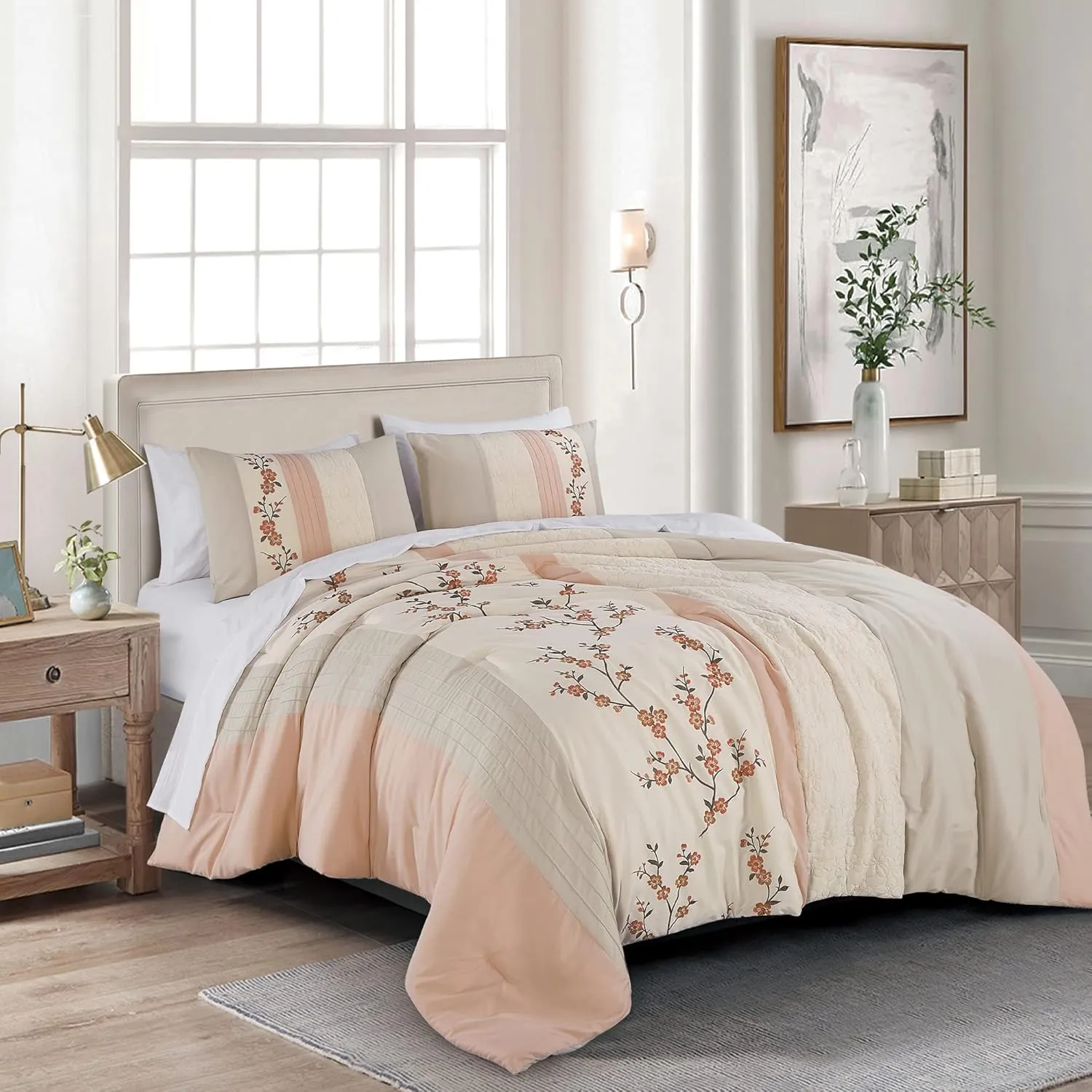 Chezmoi Collection Everly King Bed in a Bag 7-Pieces Luxury Blush Taupe Cherry Blossom Floral Embroidery Comforter Set with Sheets All Season Bedding Set, King