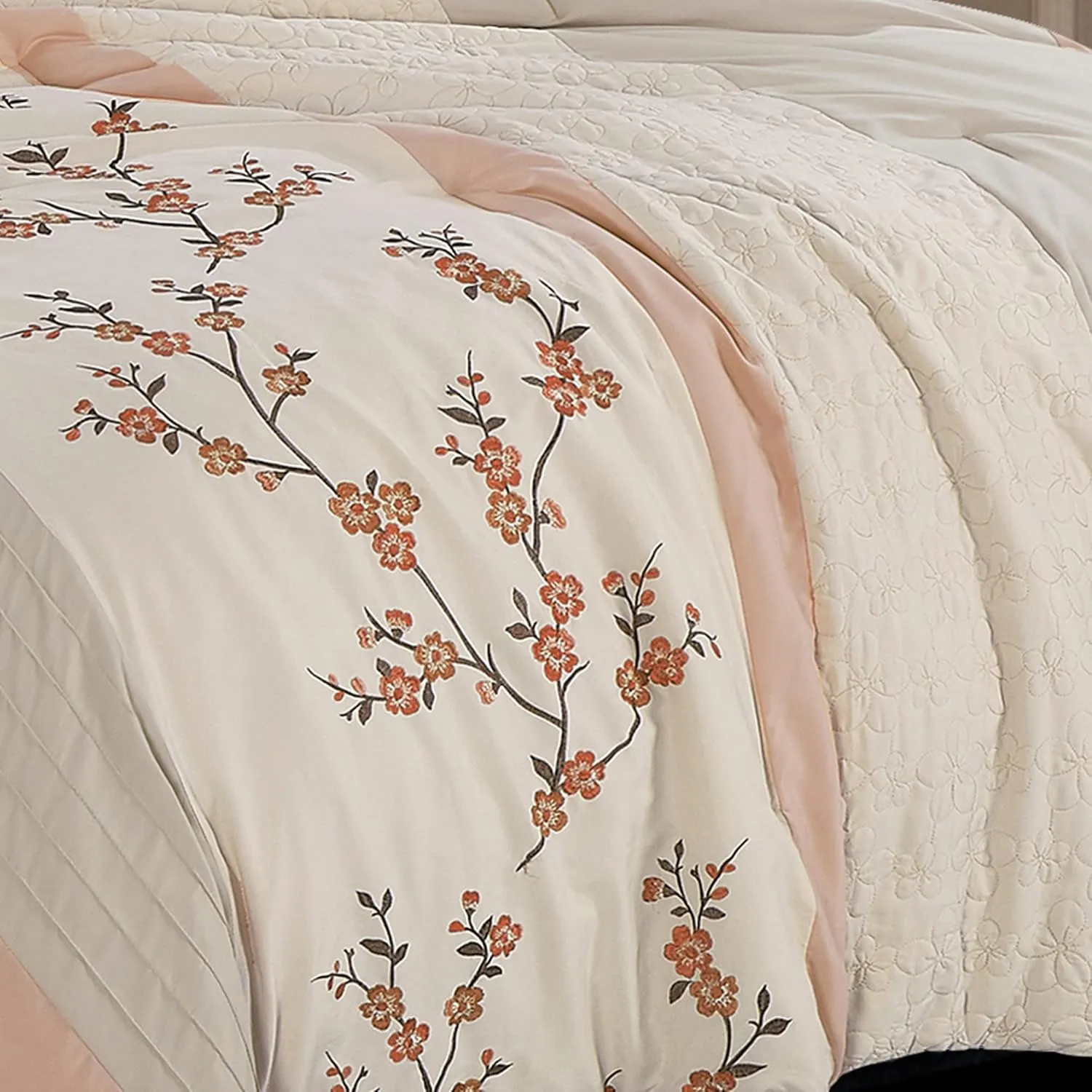 Chezmoi Collection Everly King Bed in a Bag 7-Pieces Luxury Blush Taupe Cherry Blossom Floral Embroidery Comforter Set with Sheets All Season Bedding Set, King